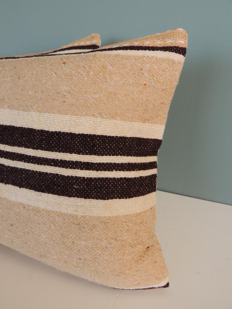 Hand-Crafted Pair of Vintage Tunisian Woven Brown & Beige Stripes Decorative Bolster Pillows