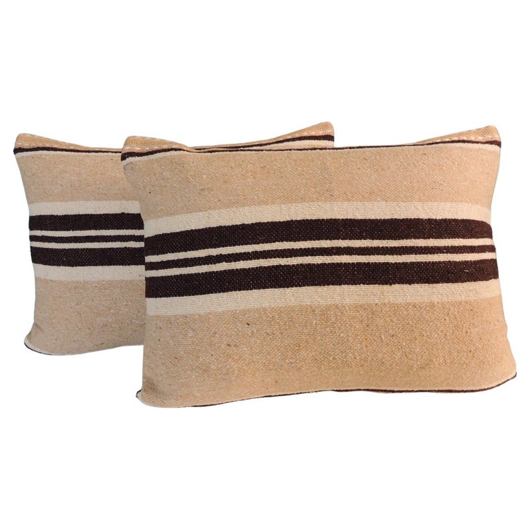 Pair of Vintage Tunisian Woven Brown & Beige Stripes Decorative Bolster Pillows