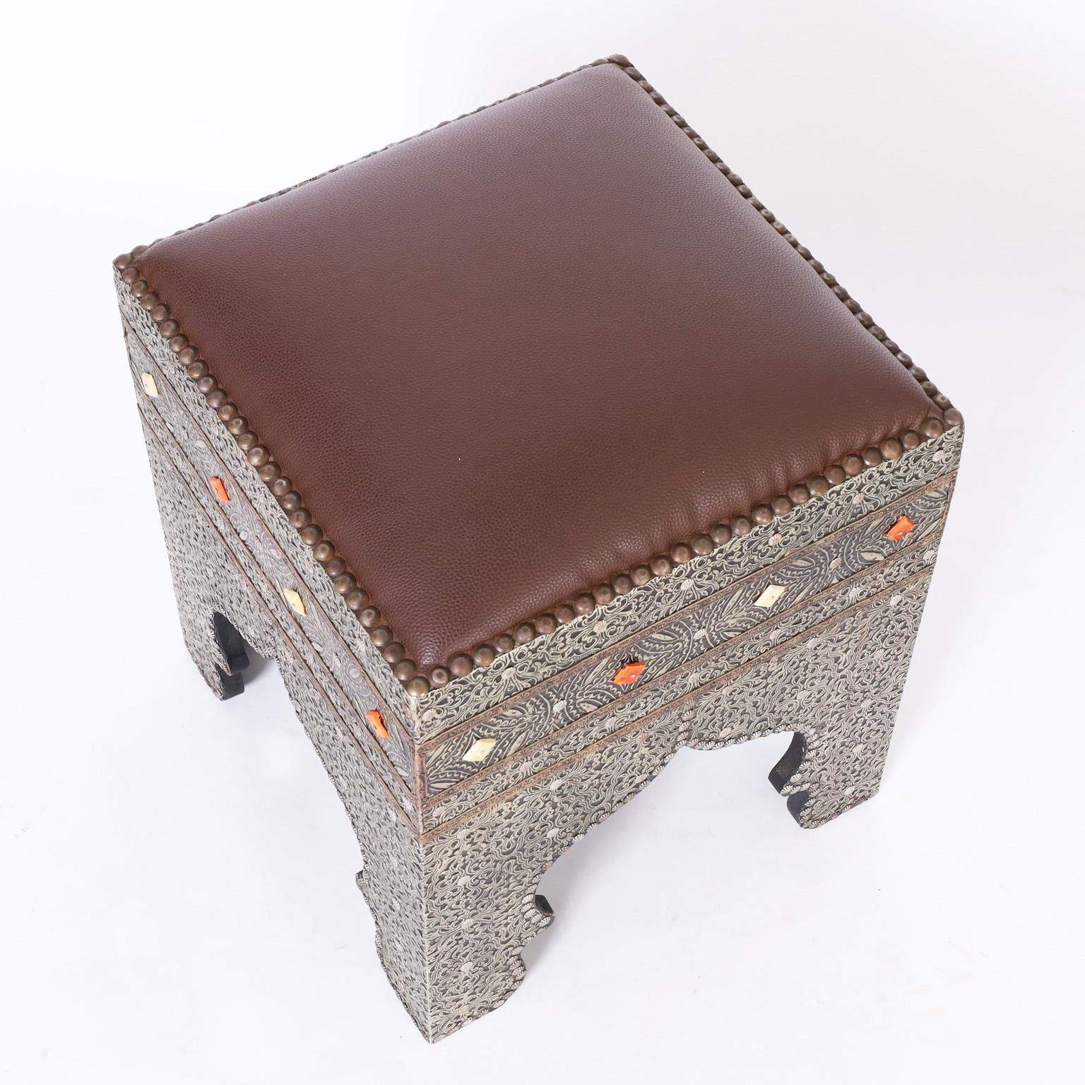 Hand-Crafted Pair of Vintage Turkish Metal Work Ottomans or Footstools For Sale