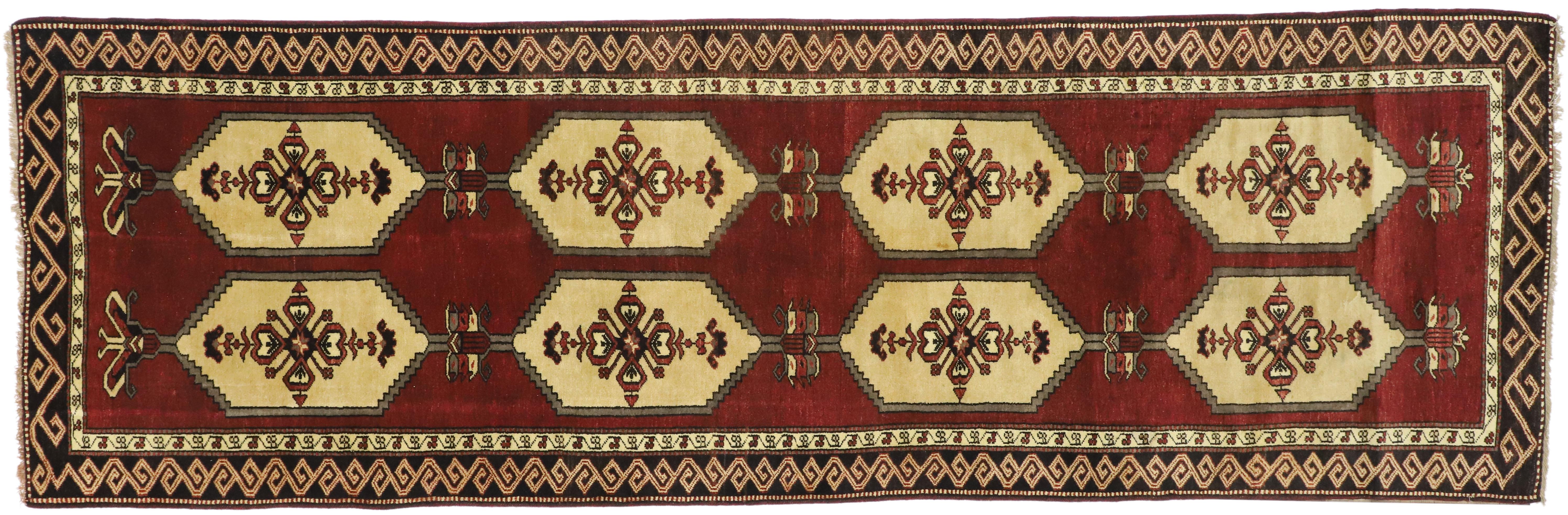50470 Pair of Vintage Turkish Oushak Runners with Art Deco Style. Displaying balanced symmetry and bold geometric shapes, this pair of hand-knotted wool vintage Turkish Oushak runners beautifully embody Art Deco style. Each Oushak runner features a