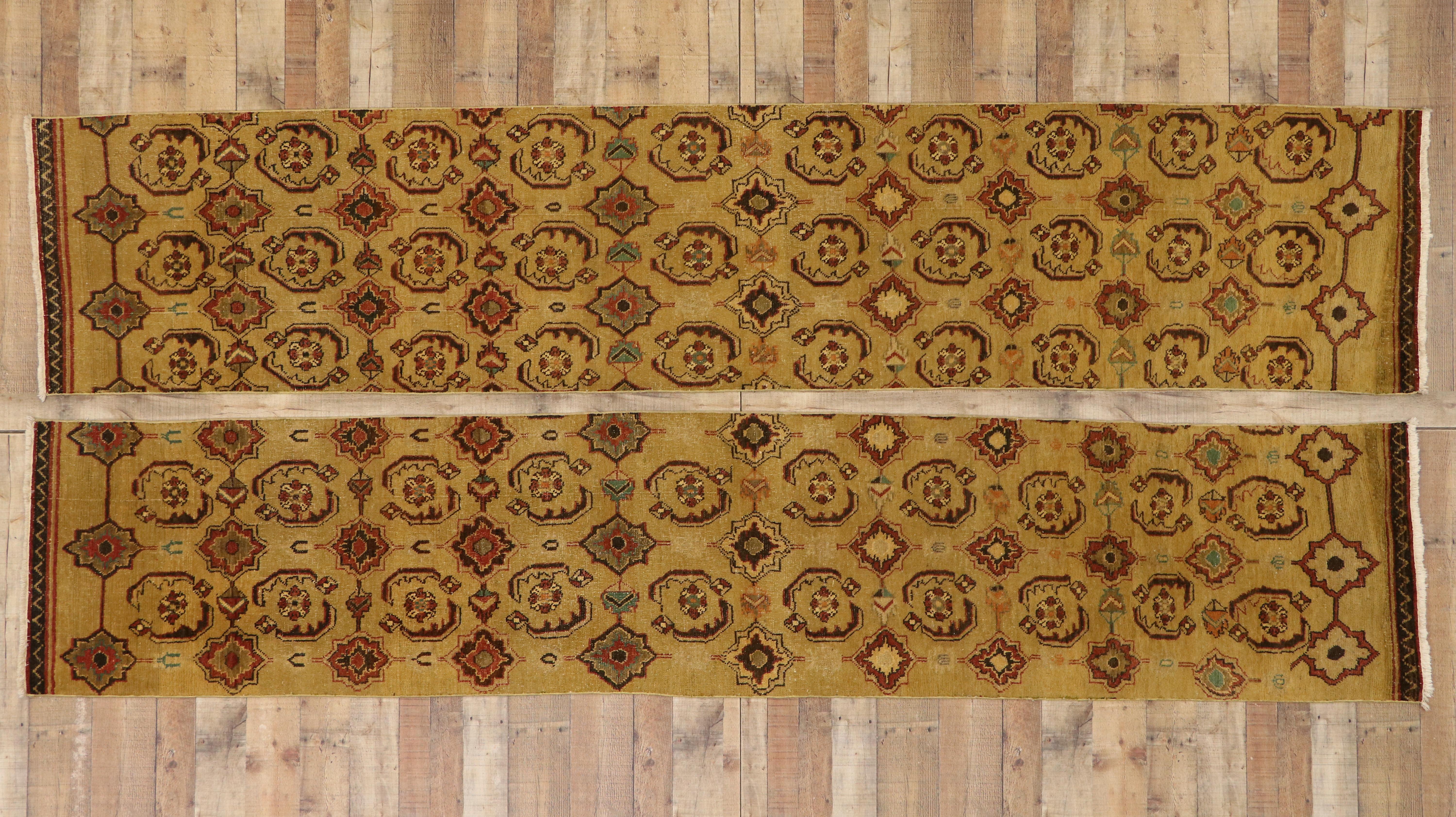 Pair of Vintage Turkish Oushak Carpet Runners with Rustic Arts and Crafts Style For Sale 4