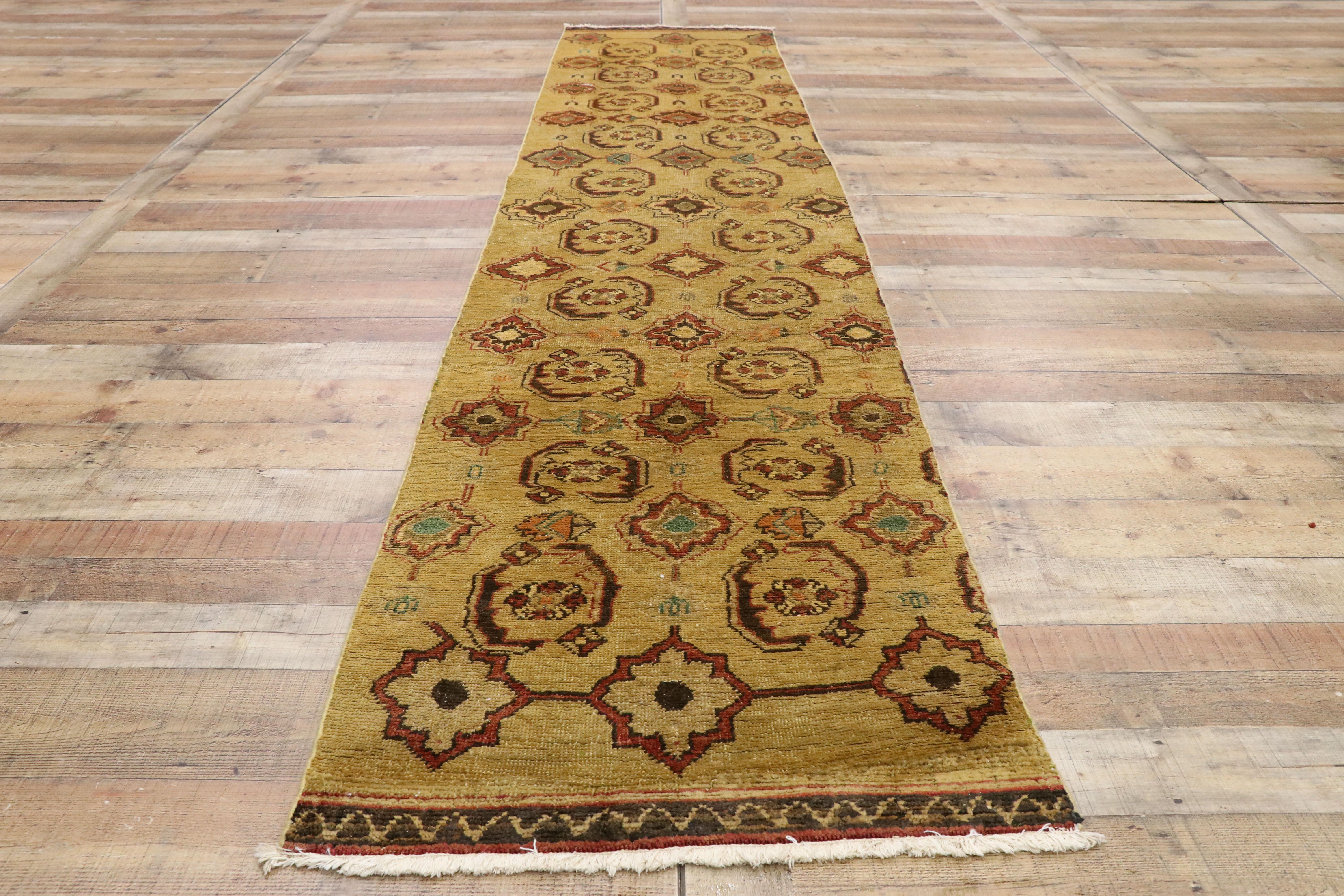 Wool Pair of Vintage Turkish Oushak Carpet Runners with Rustic Arts and Crafts Style For Sale
