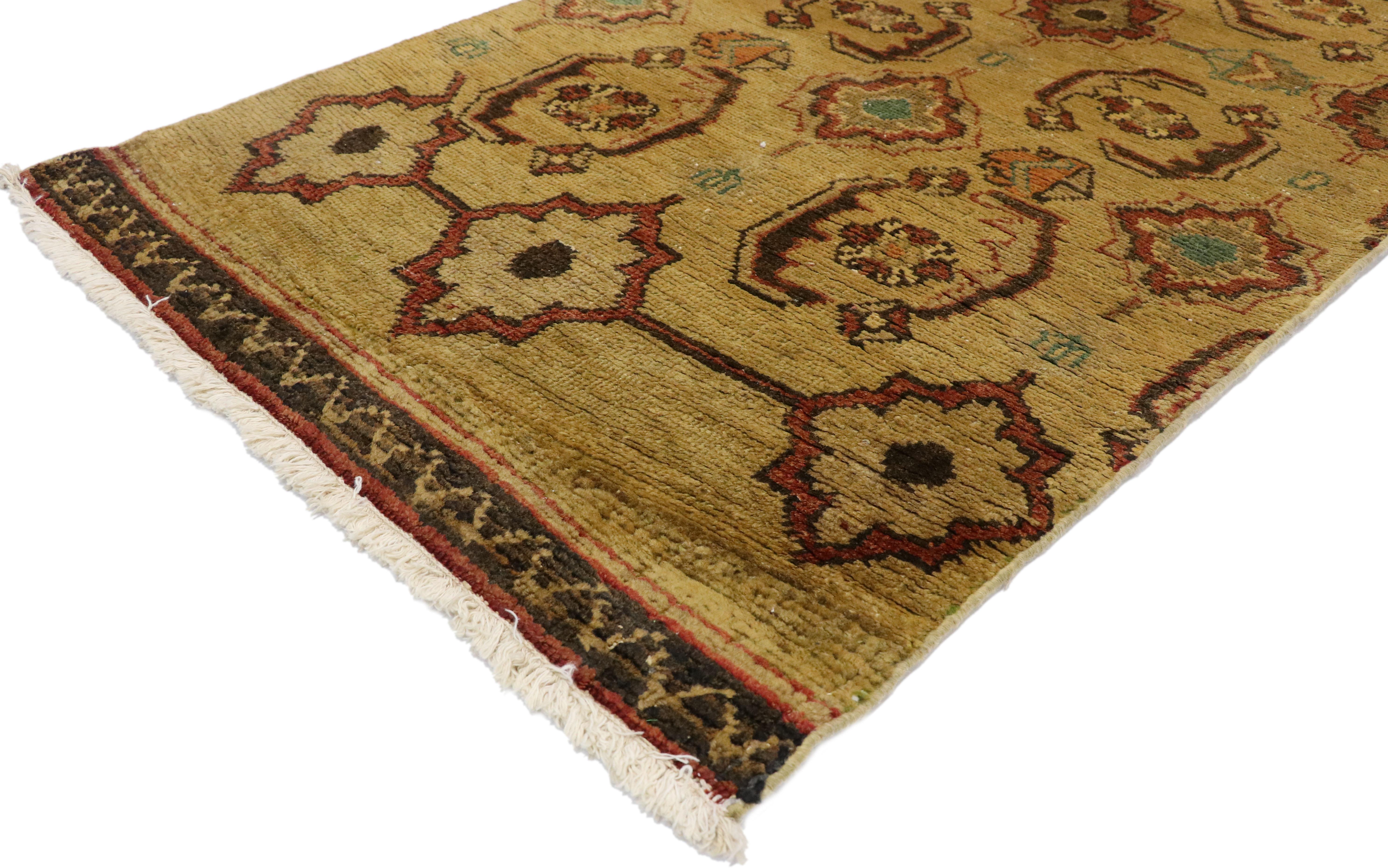 50463-50464 Pair of Vintage Turkish Oushak Carpet Runners with Rustic Arts and Crafts Style. Warm and inviting, this pair of hand-knotted wool vintage Turkish Oushak Runners embody Arts and Crafts style with rustic vibes. Each Oushak runner features