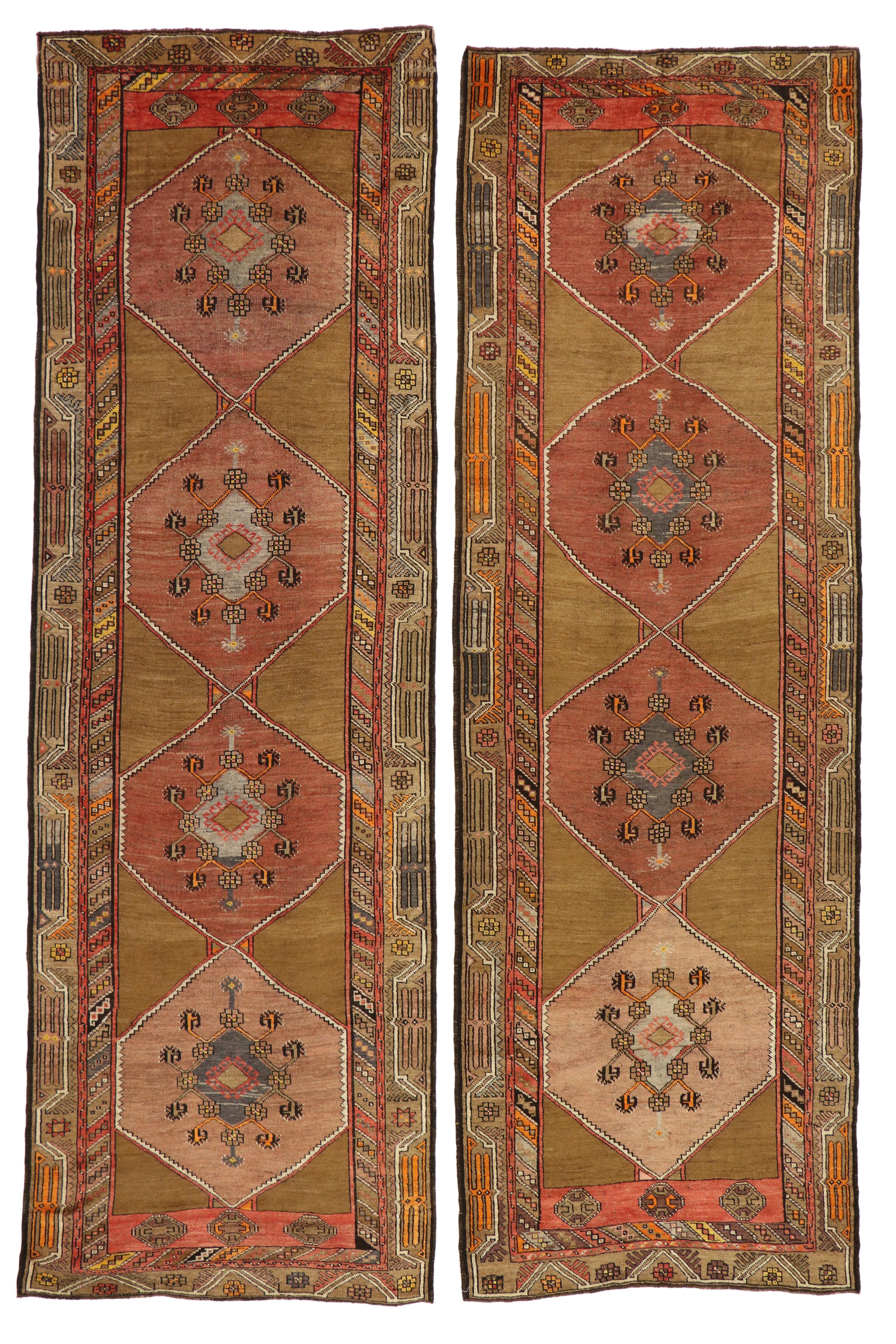 51051-51052 Pair of Vintage Turkish Oushak Hallway Runners with Mid-Century Modern Style. Emanating a timeless style and Mid-Century Modern style, this pair of hand-knotted wool vintage Turkish Oushak runners beautifully showcase stunning details