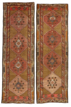 Matching Pair of Vintage Earth-Tone Turkish Oushak Rug Runners