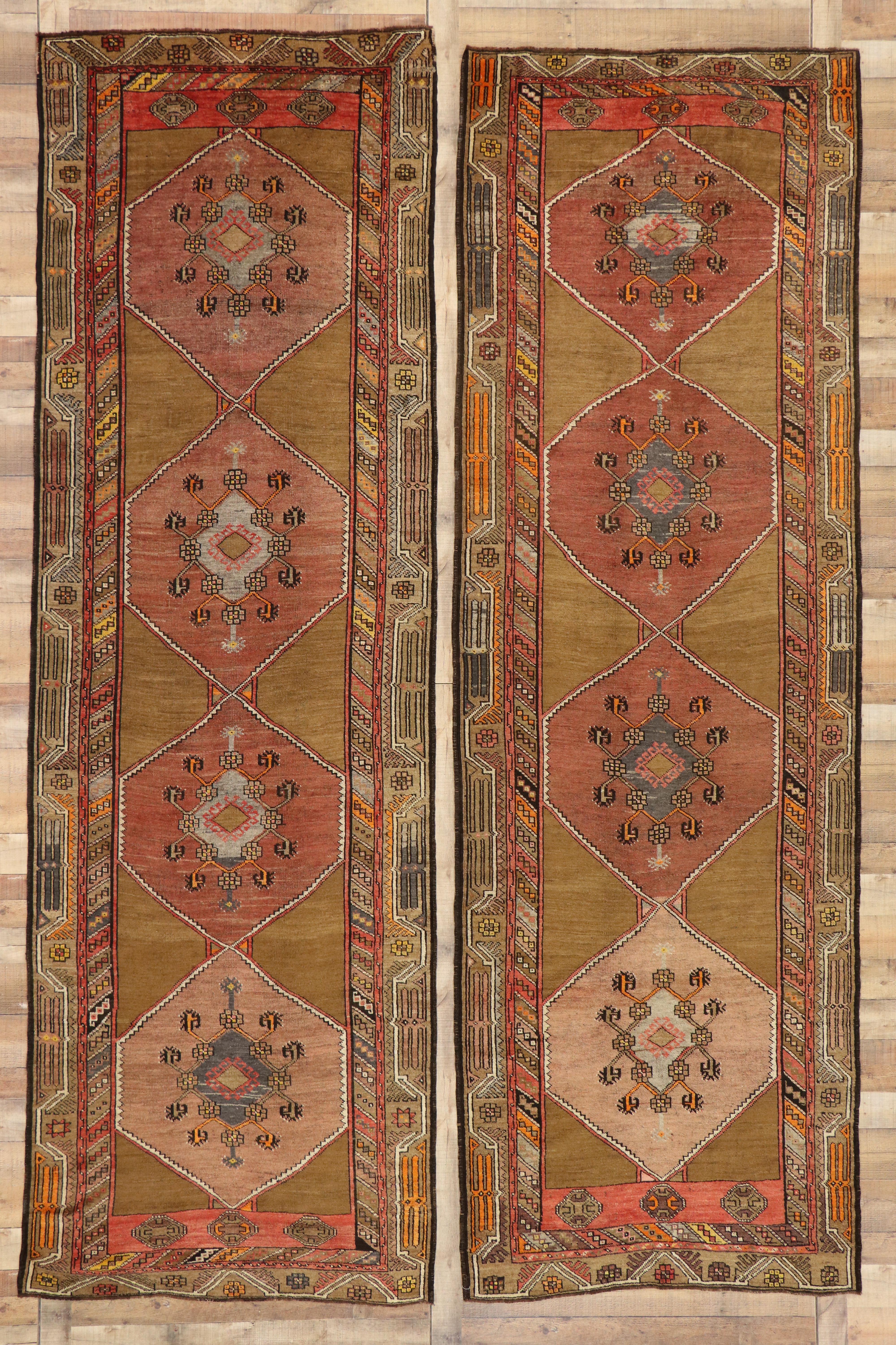 Hand-Knotted Pair of Vintage Turkish Oushak Hallway Runners with Mid-Century Modern Style For Sale