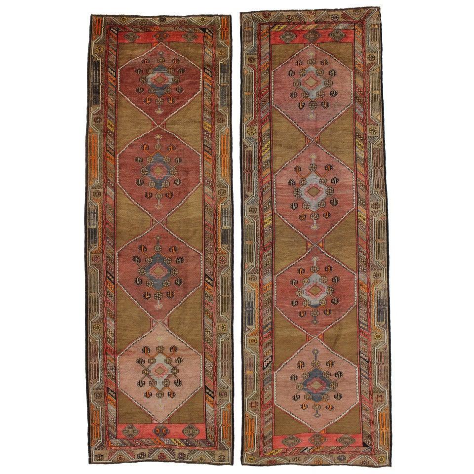 Pair of Vintage Turkish Oushak Hallway Runners with Mid-Century Modern Style For Sale