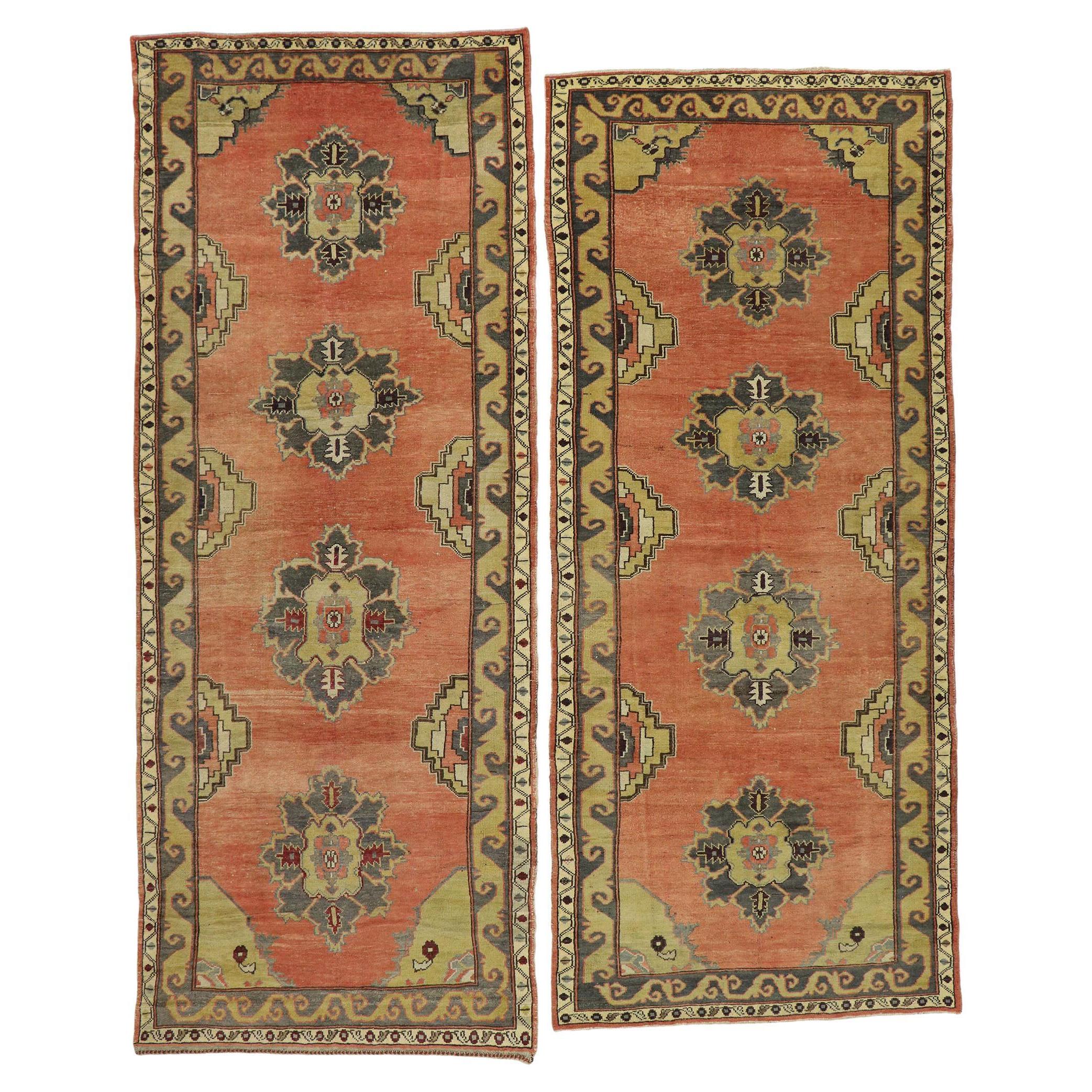 Pair of Vintage Turkish Oushak Runners, Matching Hallway Runners For Sale