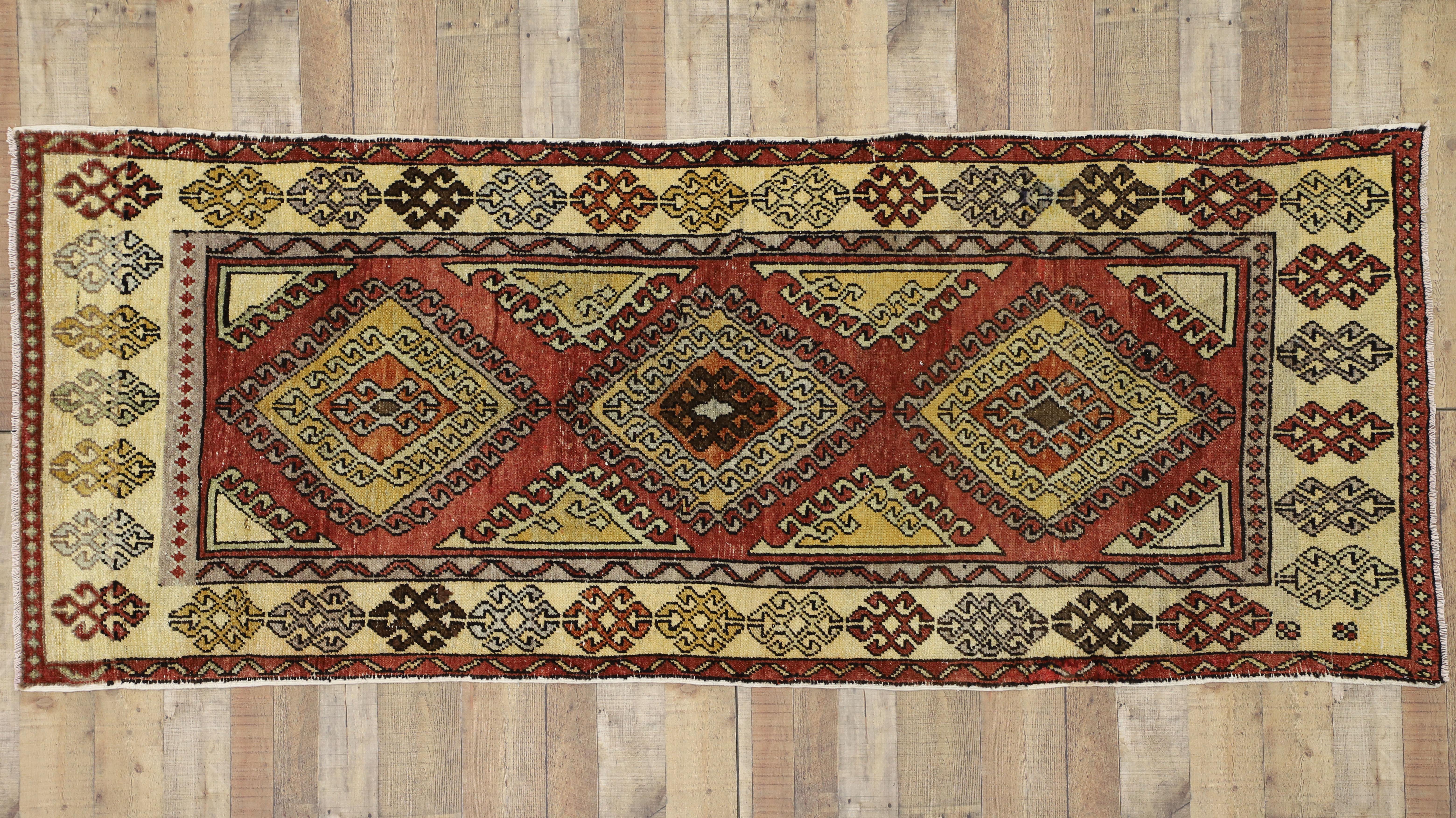 Pair of Vintage Turkish Oushak Runners, Matching Tribal Style Hallway Runners For Sale 2
