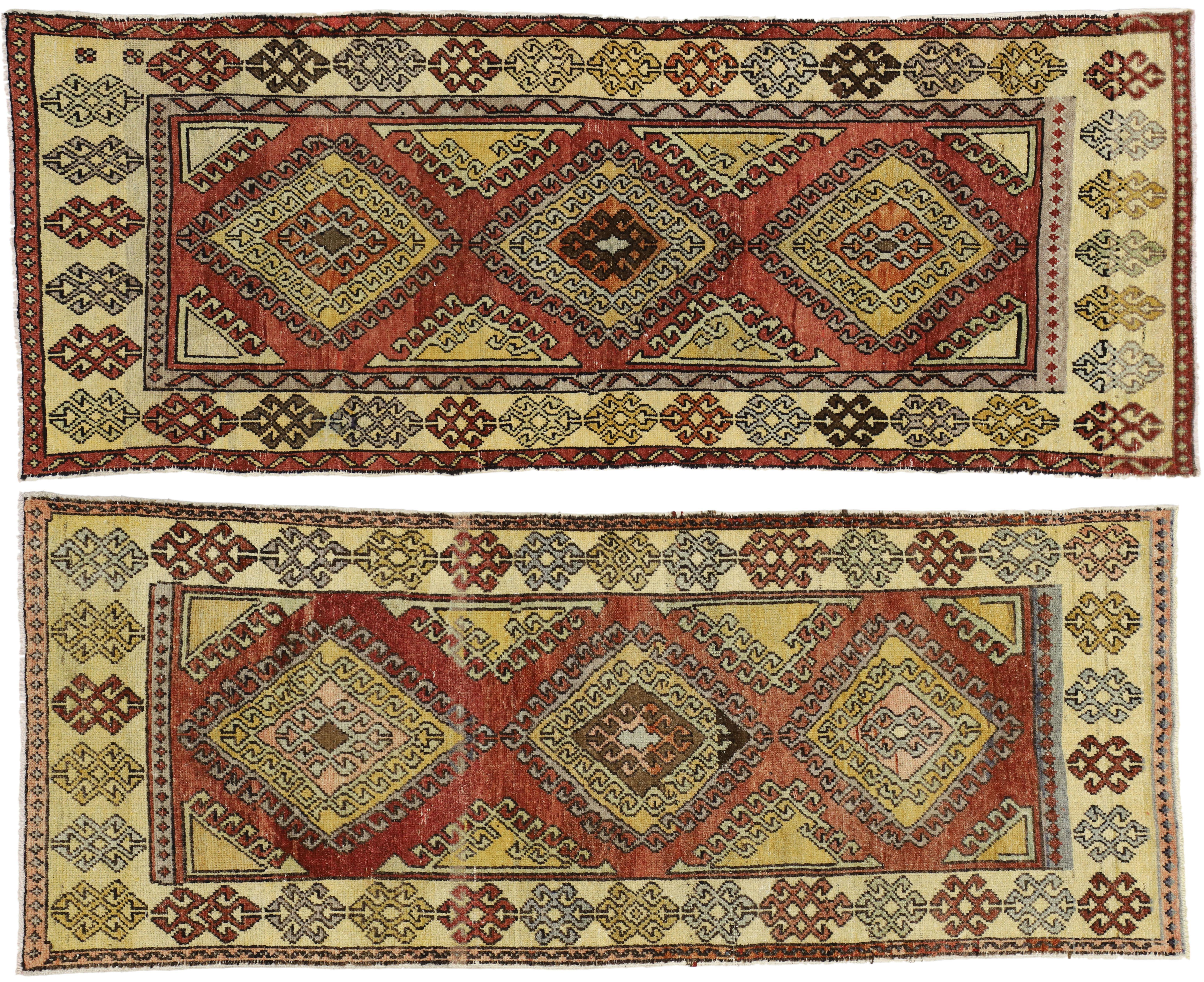 Pair of Vintage Turkish Oushak Runners, Matching Tribal Style Hallway Runners For Sale 3