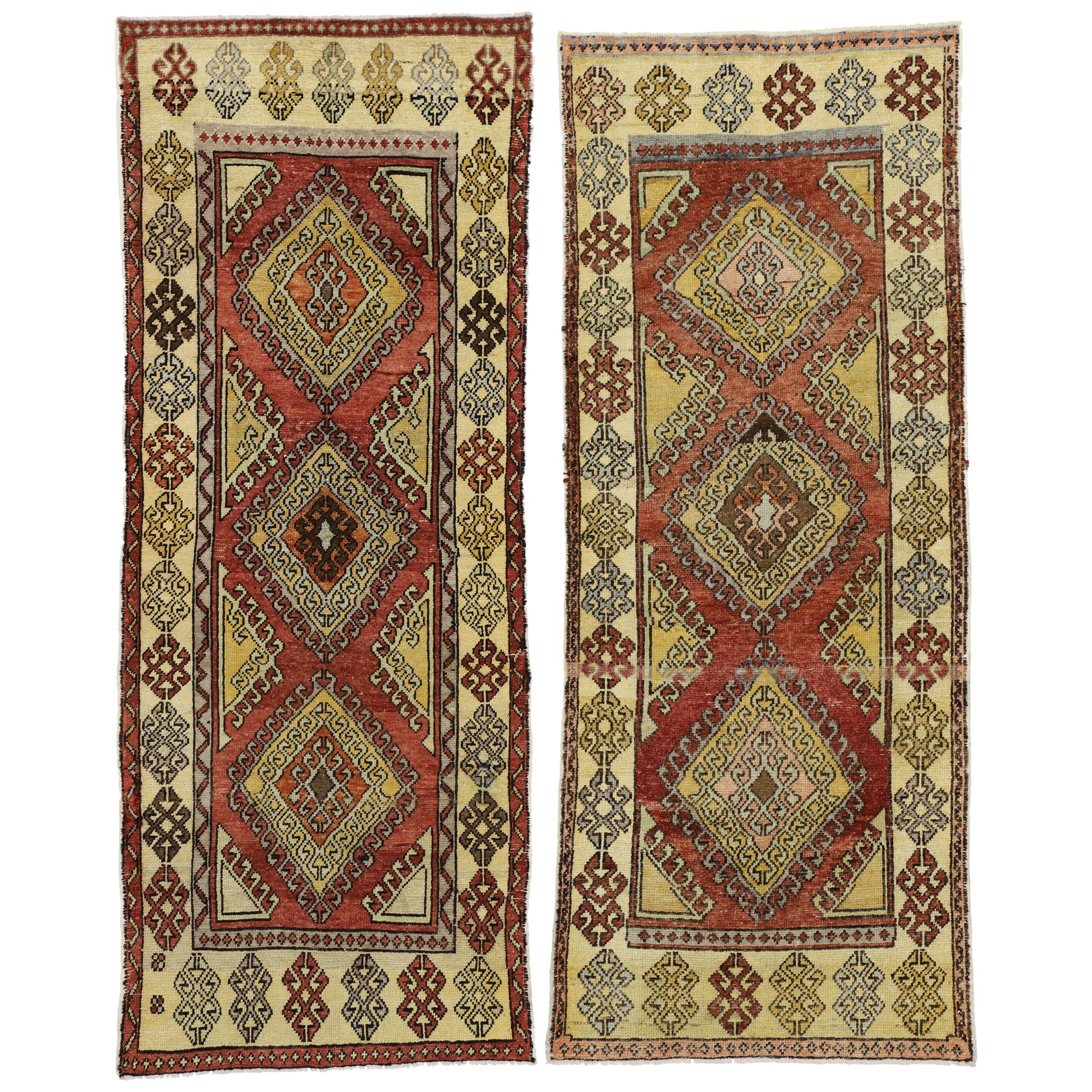 Pair of Vintage Turkish Oushak Runners, Matching Tribal Style Hallway Runners For Sale