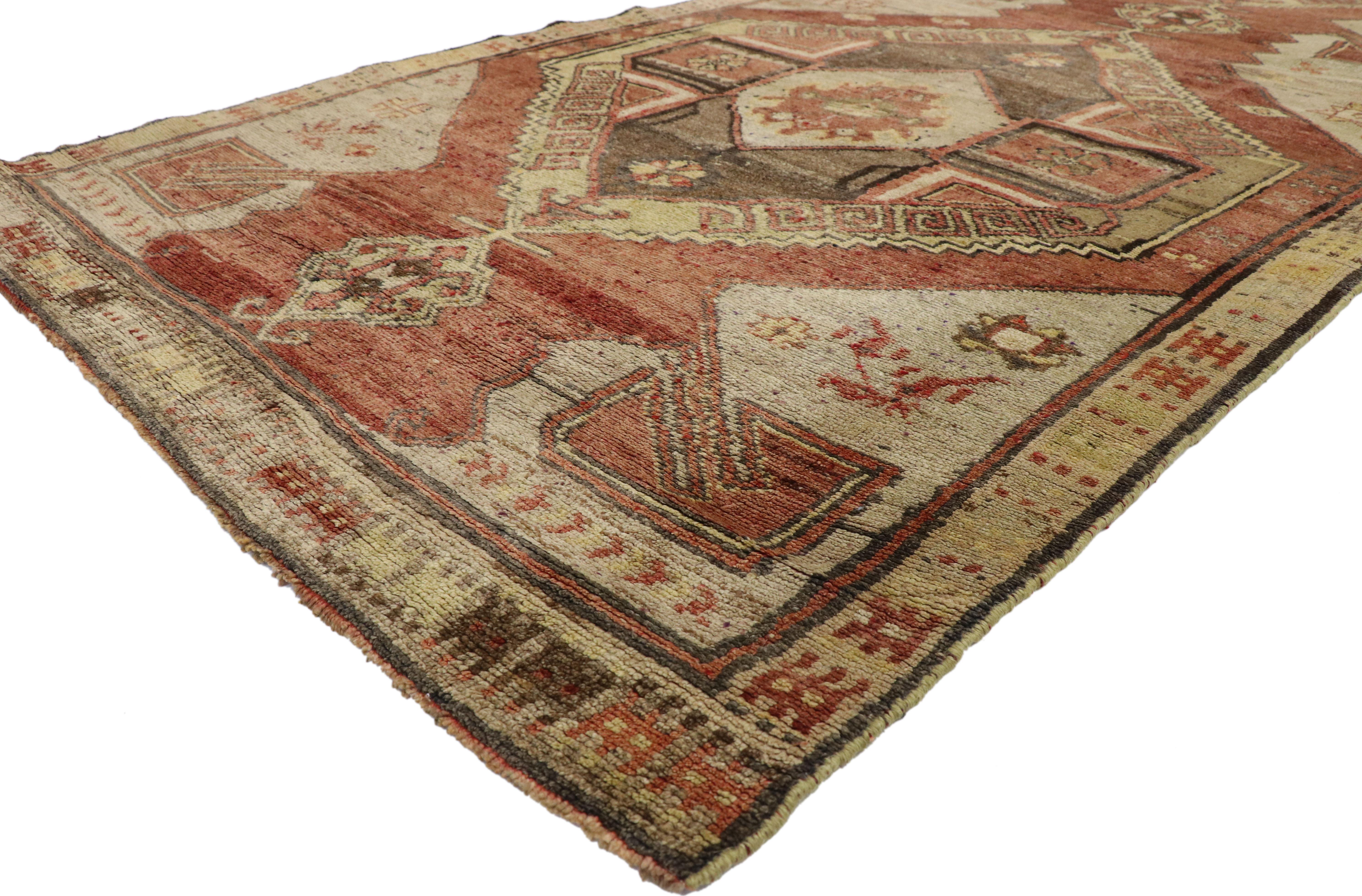 50644-50645 Pair of Vintage Turkish Oushak Runners with Mid-Century Modern Style. This pair of rare vintage runners from Turkey are keeping up nicely with the times. They are a beautiful example of hues in harmony featuring a Mid-Century Modern