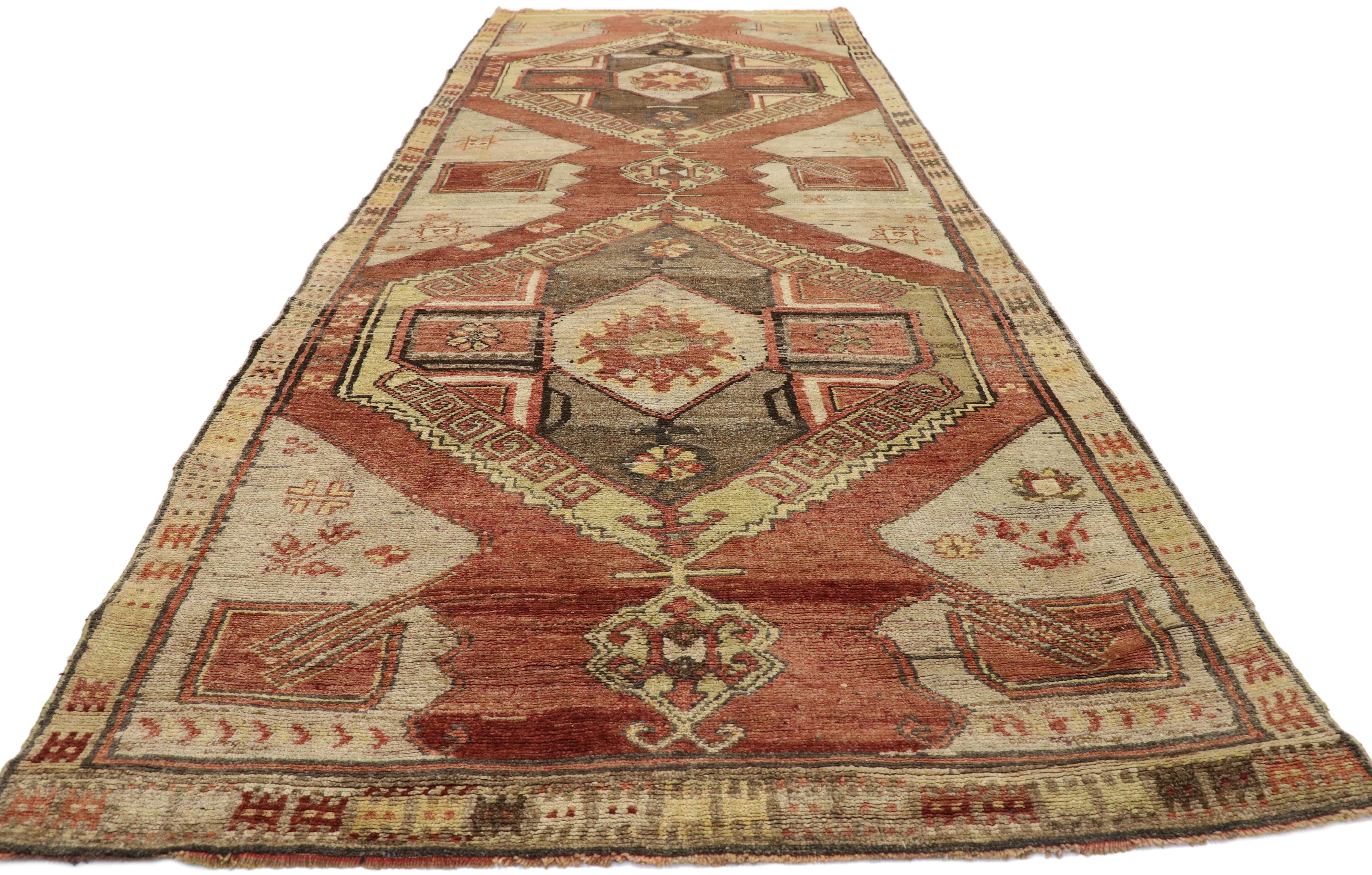 Hand-Knotted Pair of Vintage Turkish Oushak Runners with Mid-Century Modern Style For Sale