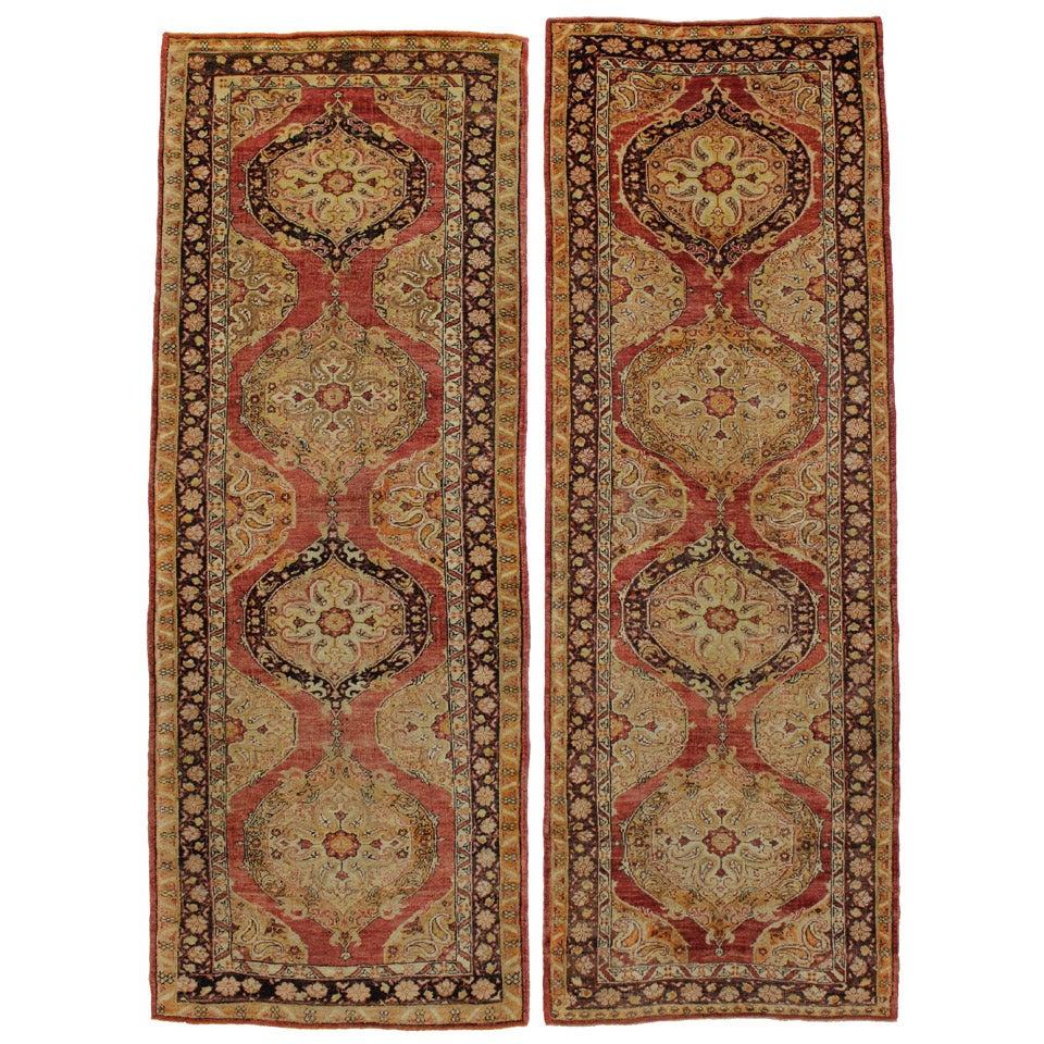 Pair of Vintage Turkish Oushak Rugs, Spanish Colonial Style Meets Rustic Charm For Sale