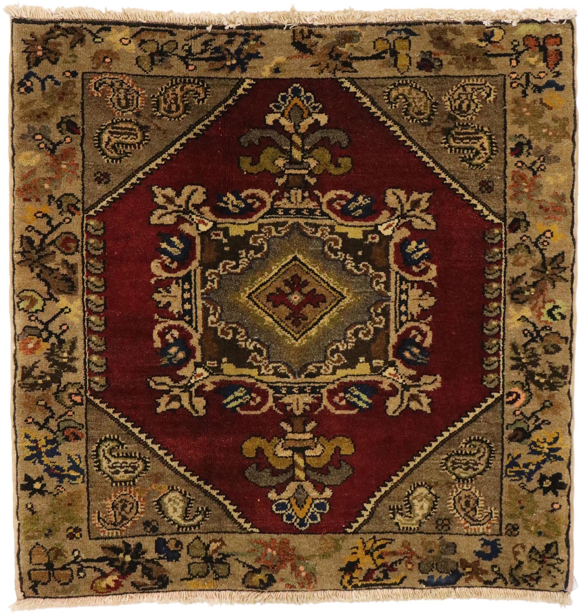 51416-51460 pair of vintage Turkish Oushak Yastik rugs, small accent rugs. Immersed in Anatolian history and refined colors, this pair of matching vintage Turkish Oushak yastik scatter rugs combines simplicity with sophistication. Each small accent