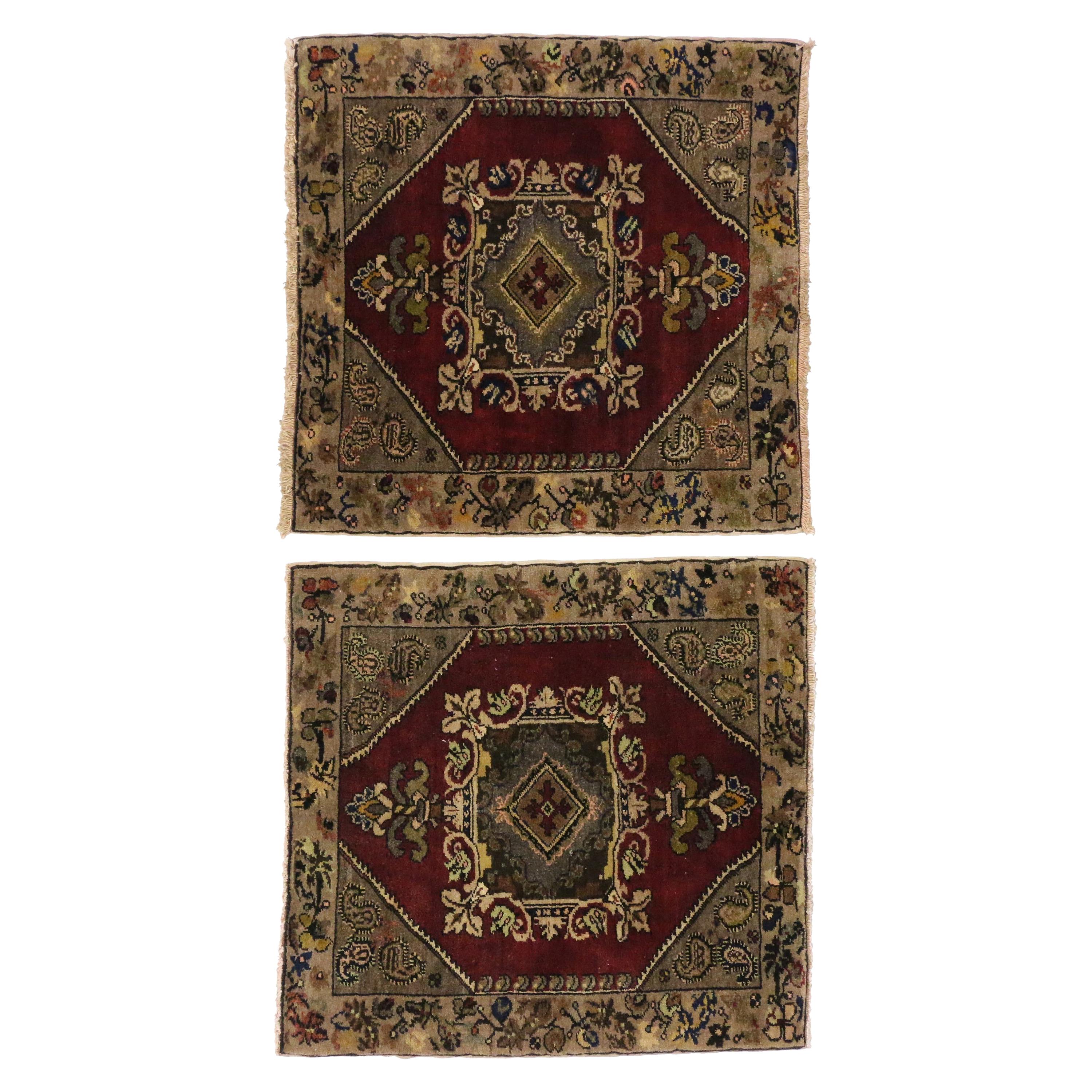 Pair of Vintage Turkish Oushak Yastik Scatter Rugs, Matching Small Accent Rugs