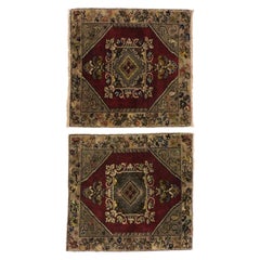 Pair of Vintage Turkish Oushak Yastik Scatter Rugs, Matching Small Accent Rugs