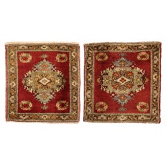 Pair of Vintage Turkish Oushak Yastik Scatter Rugs, Matching Small Accent Rugs