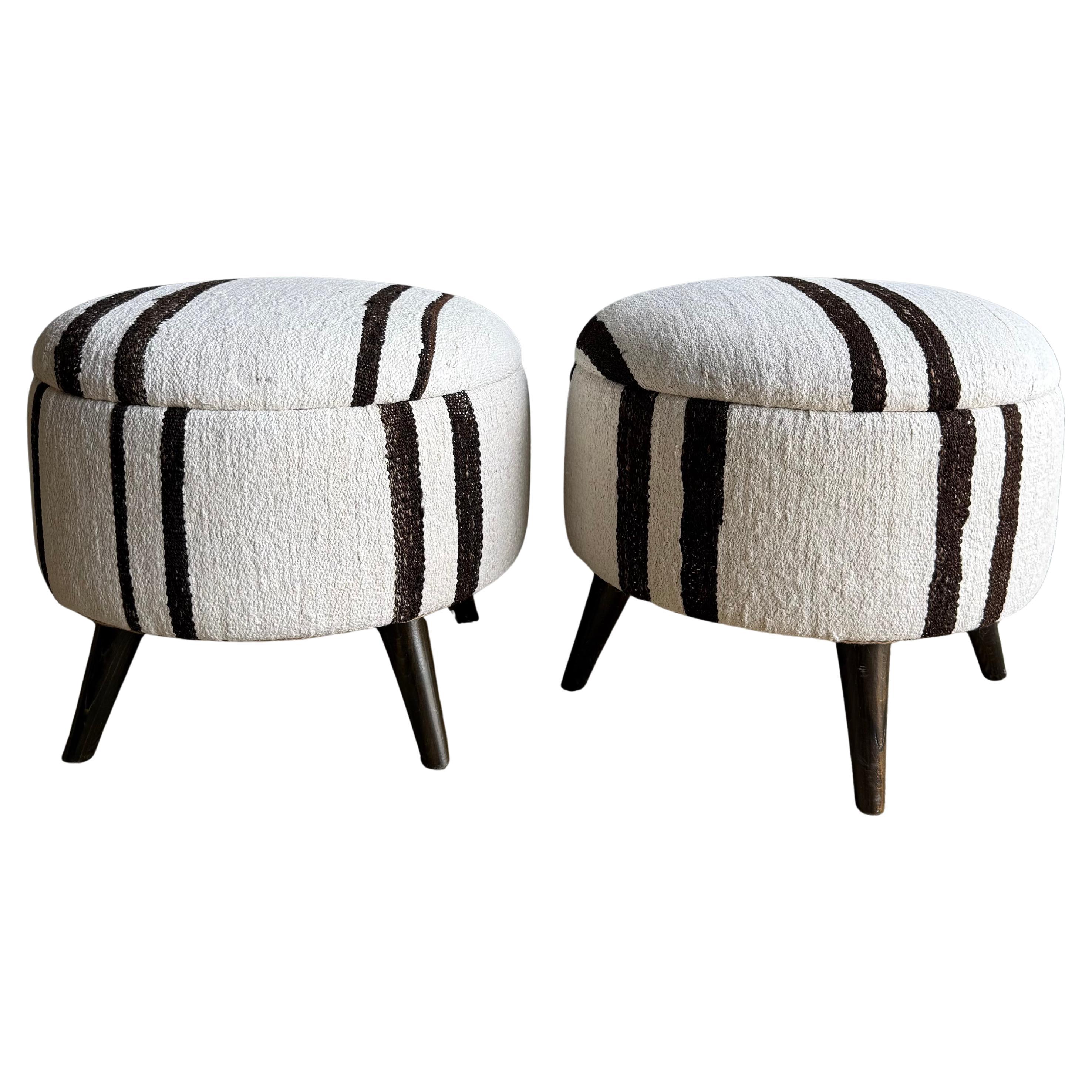 Pair of Vintage Turkish Rug Ottomans For Sale