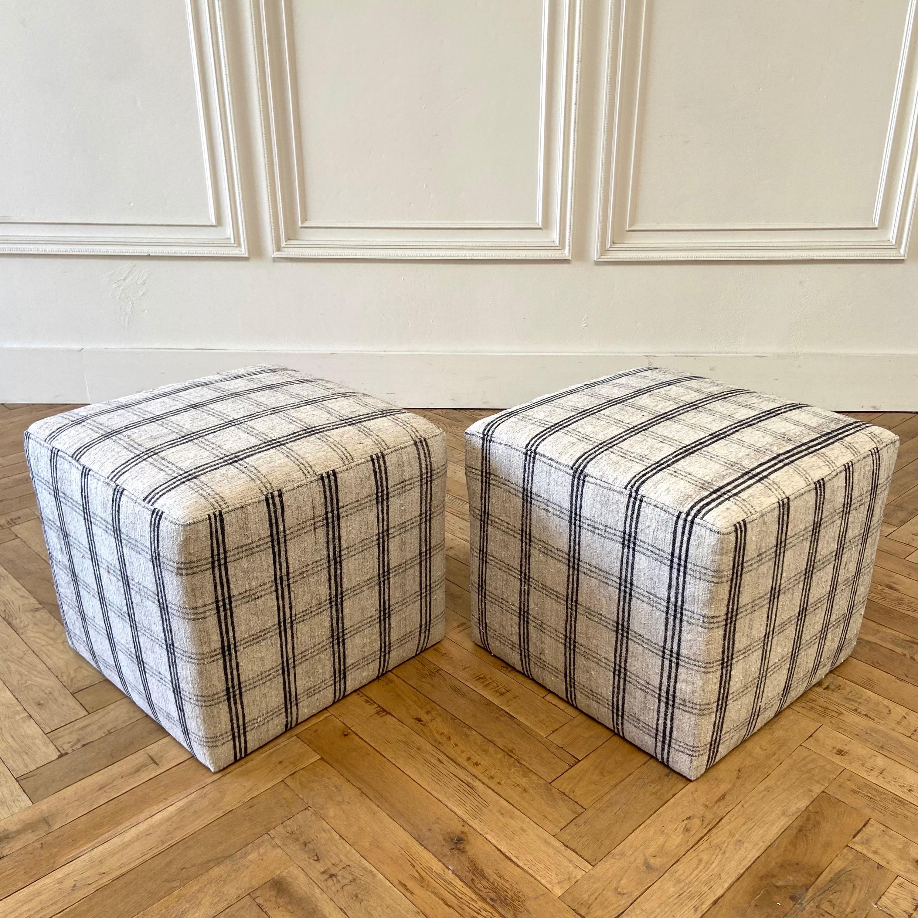 Pair of Vintage Turkish Rug Upholstered Cube Ottomans 3