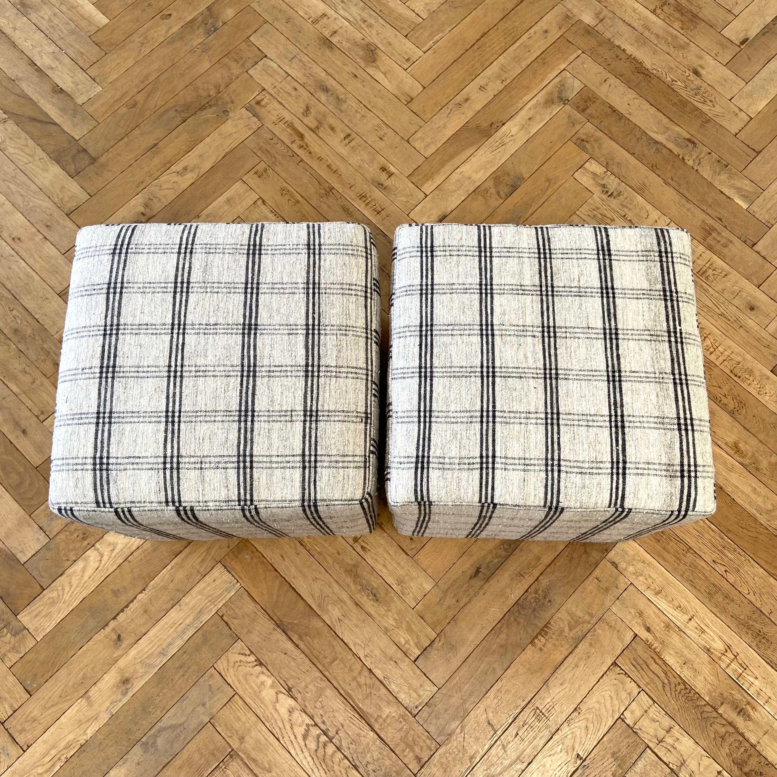 Contemporary Pair of Vintage Turkish Rug Upholstered Cube Ottomans