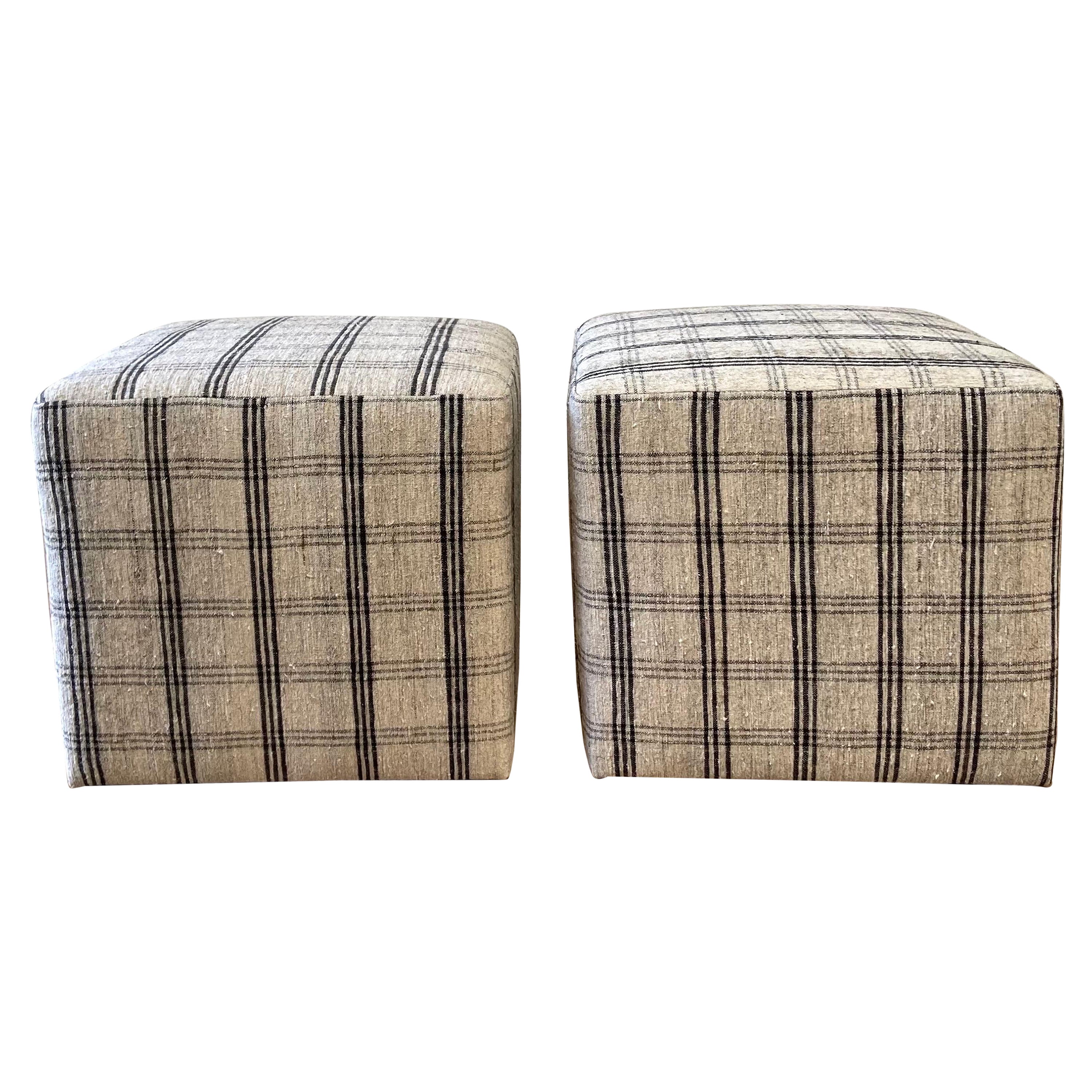 Pair of Vintage Turkish Rug Upholstered Cube Ottomans
