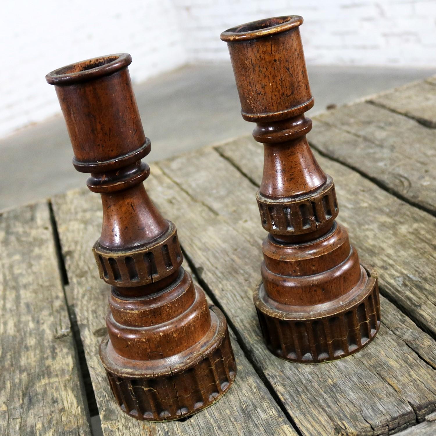 Pair of Vintage Turned Wood and Composite Candleholders For Sale 4