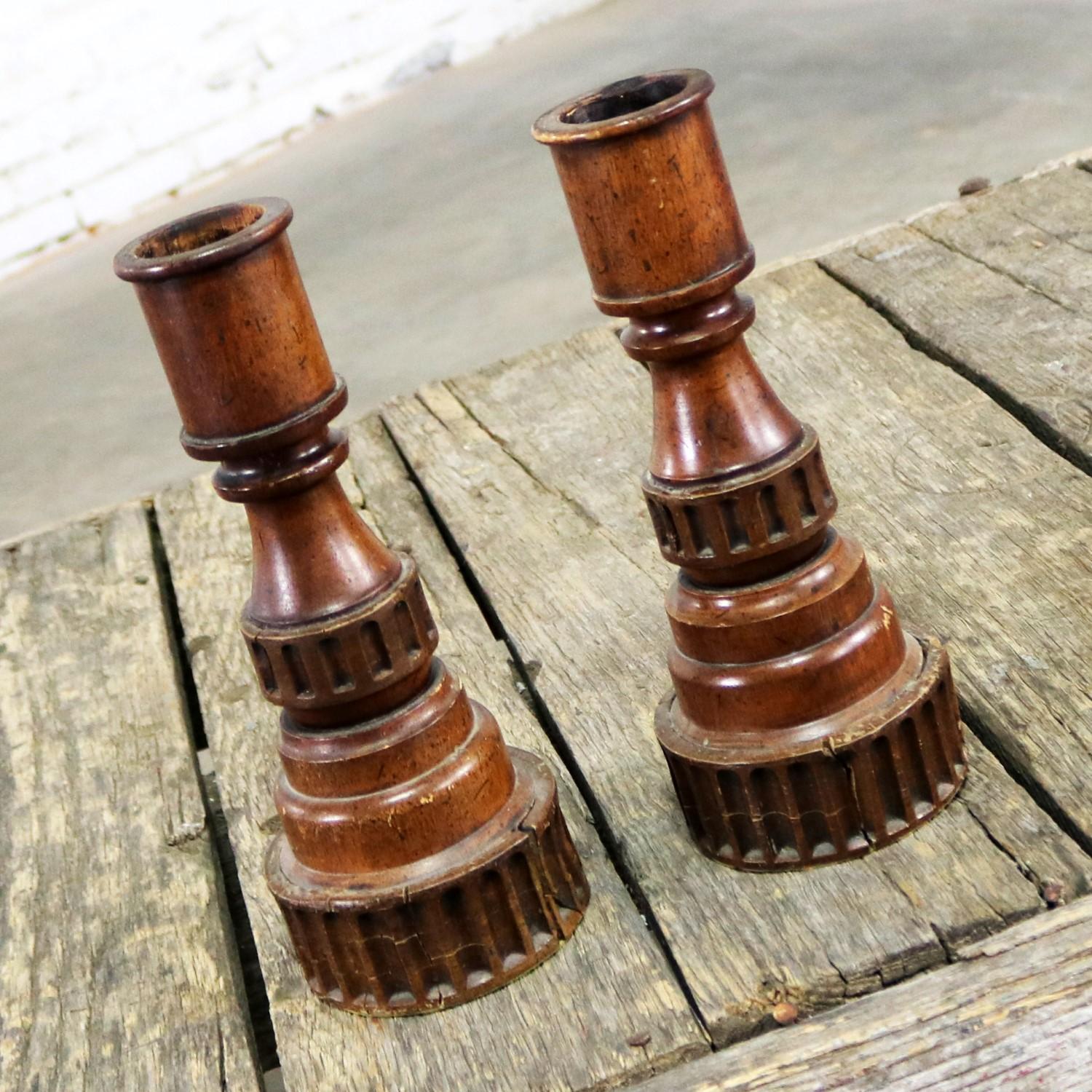 Spanish Colonial Pair of Vintage Turned Wood and Composite Candleholders For Sale