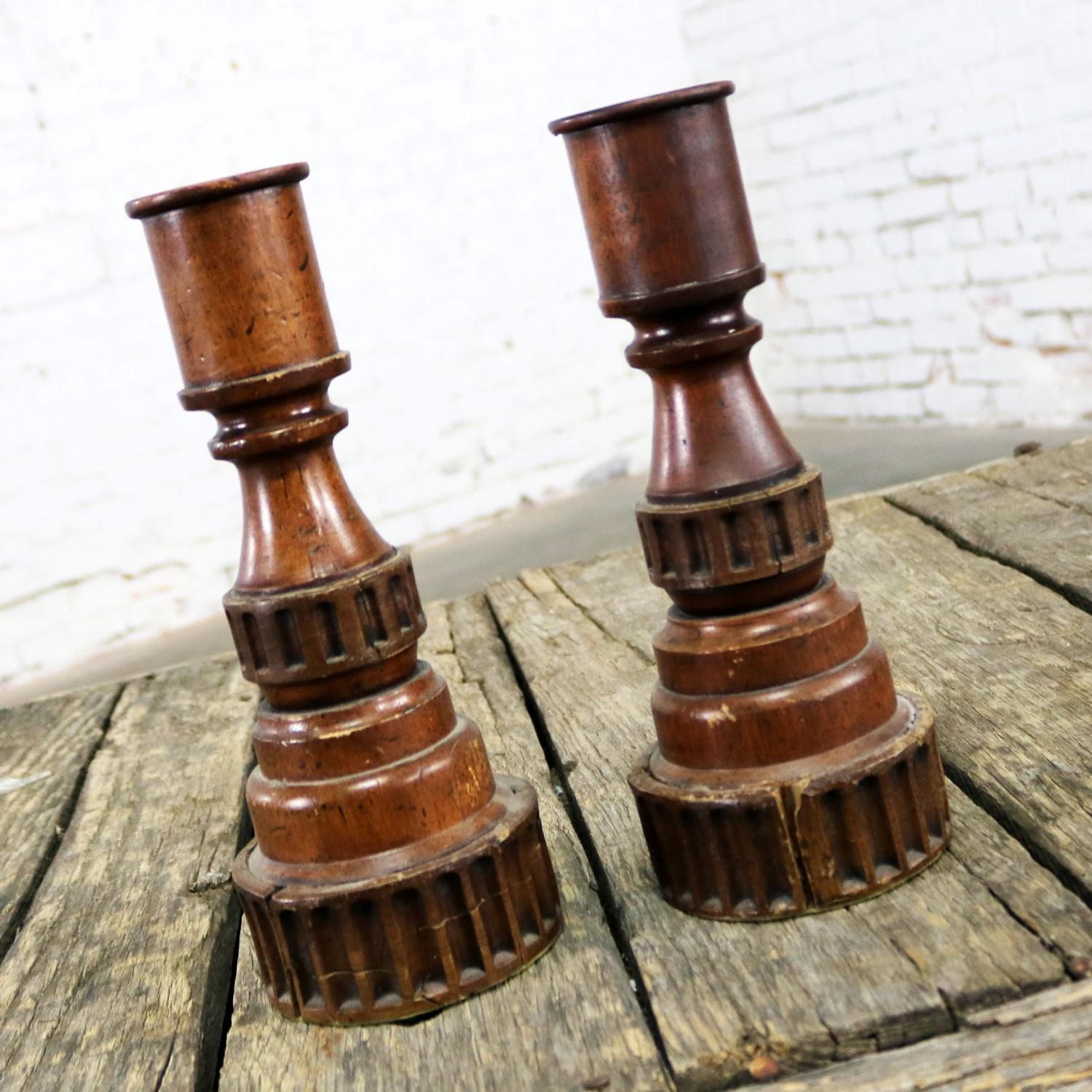 Pair of Vintage Turned Wood and Composite Candleholders In Distressed Condition For Sale In Topeka, KS