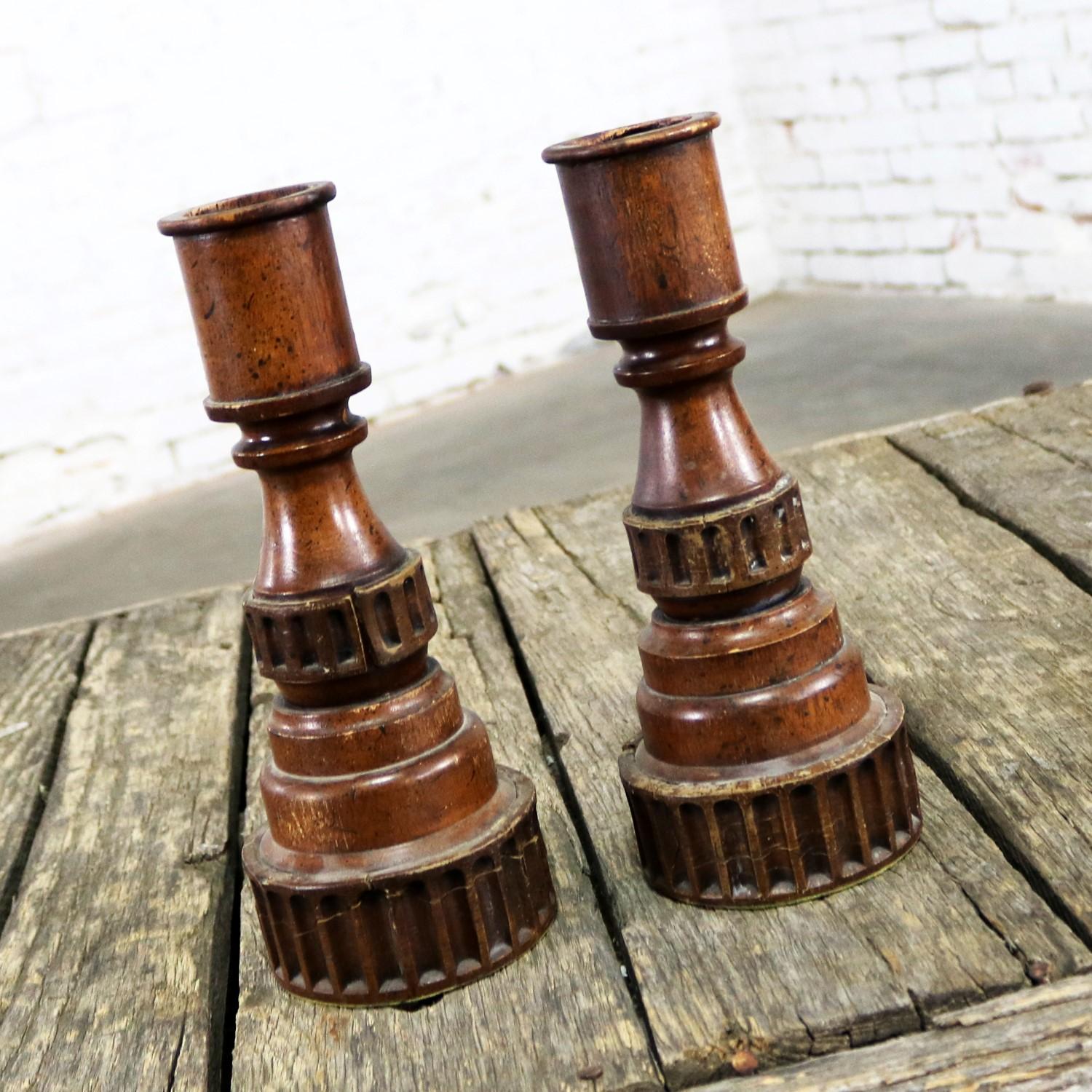 20th Century Pair of Vintage Turned Wood and Composite Candleholders For Sale
