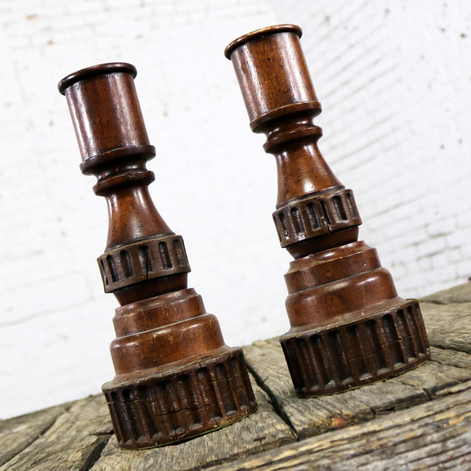 Composition Pair of Vintage Turned Wood and Composite Candleholders For Sale