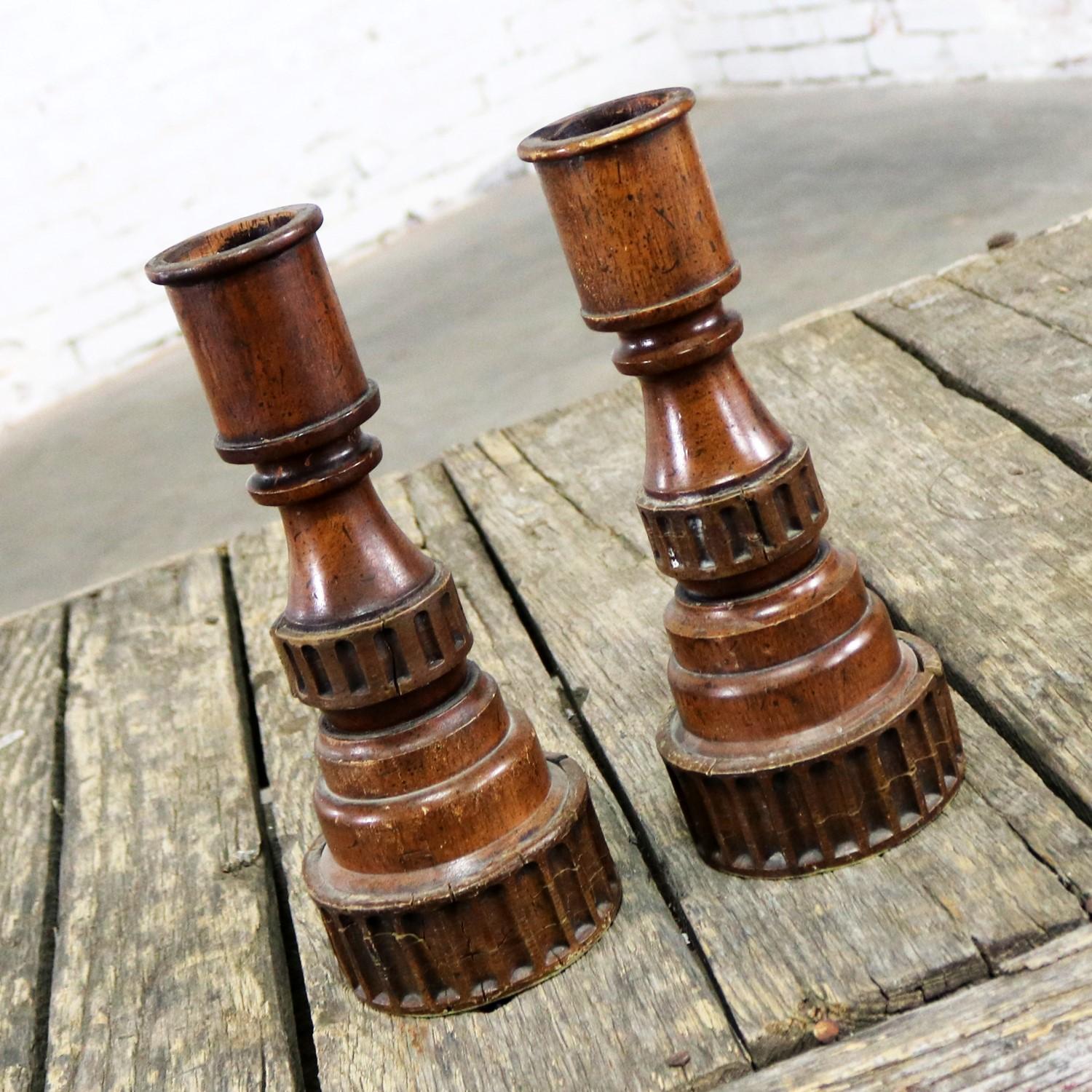 Pair of Vintage Turned Wood and Composite Candleholders For Sale 1