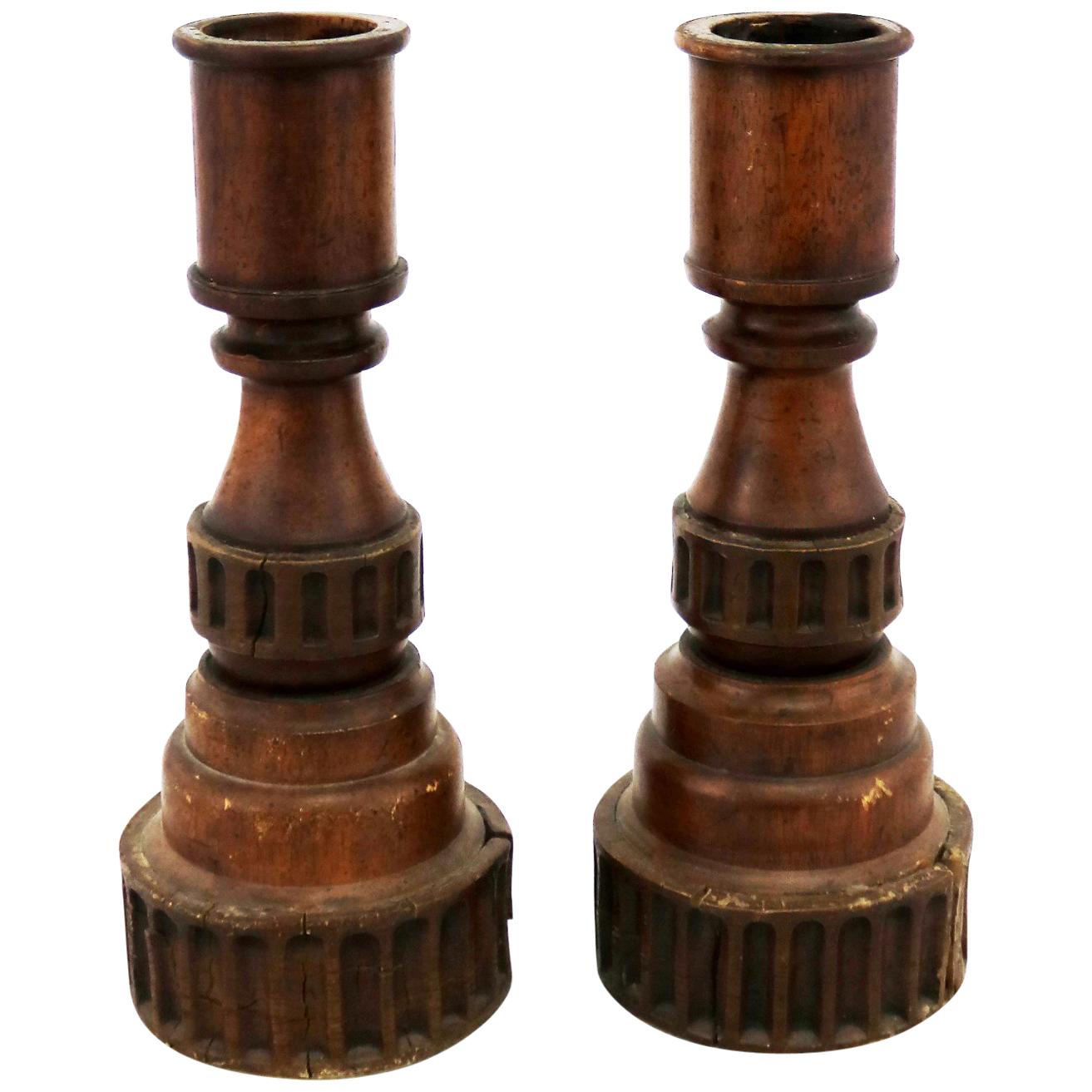 Pair of Vintage Turned Wood and Composite Candleholders For Sale