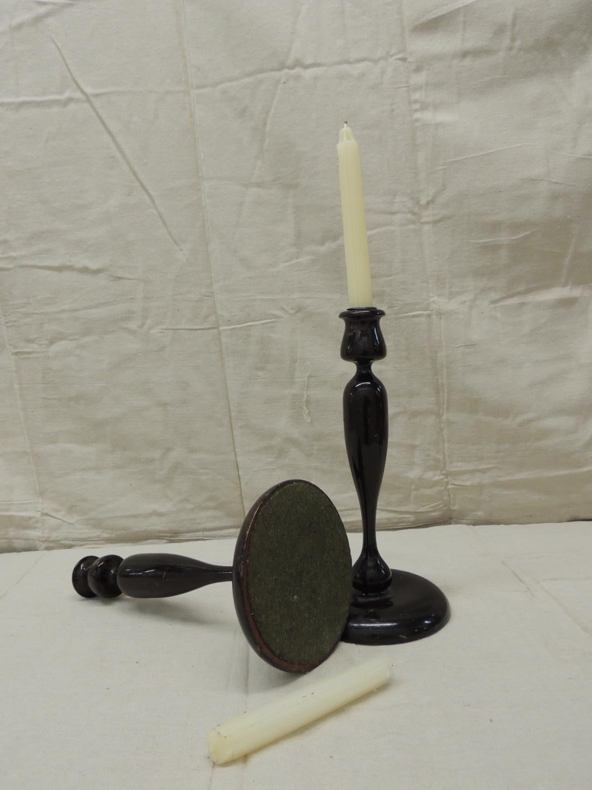 Lacquered Pair of Vintage Turned Wood Candleholders