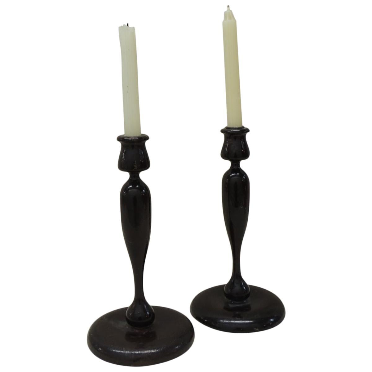 Pair of Vintage Turned Wood Candleholders