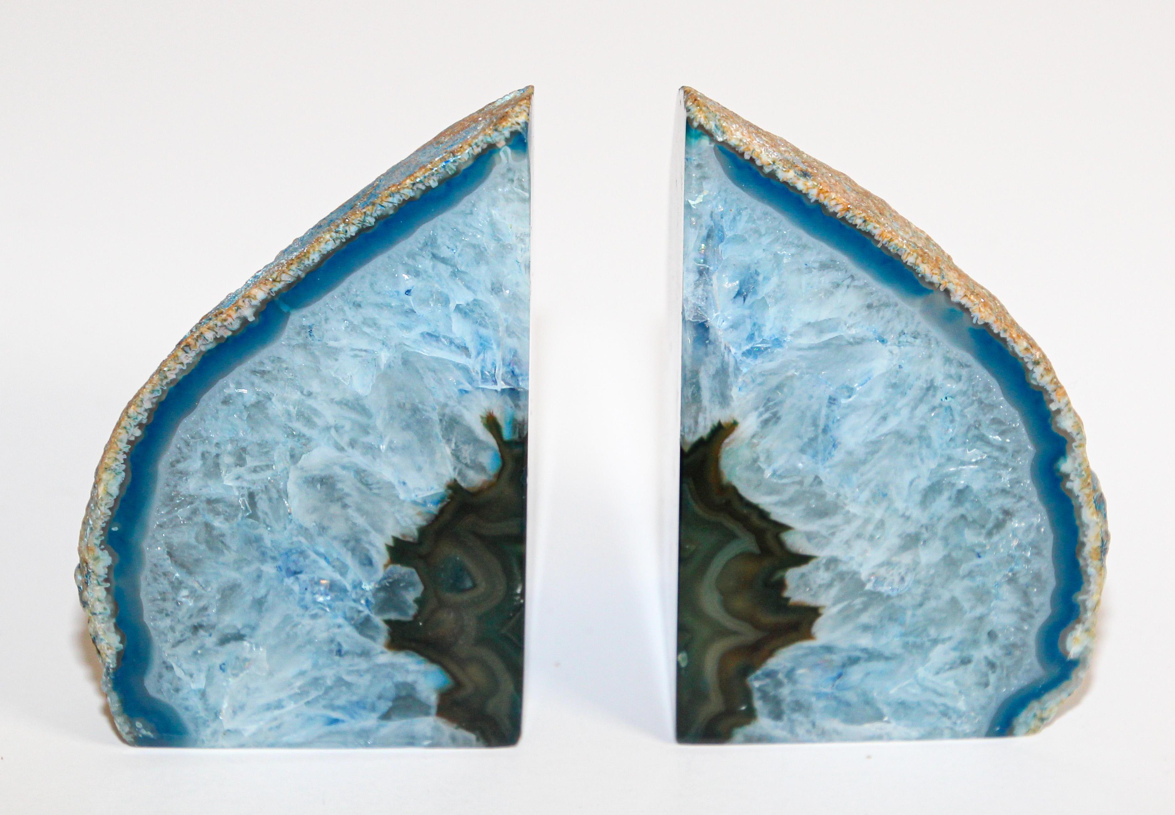 Pair of Vintage Turquoise Blue and White Agate Geode Bookends 2