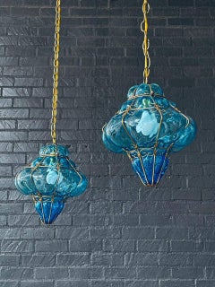 Pair of Vintage Turquoise Bubble Glass & Gilt-Metal Pendant Lantern Lights