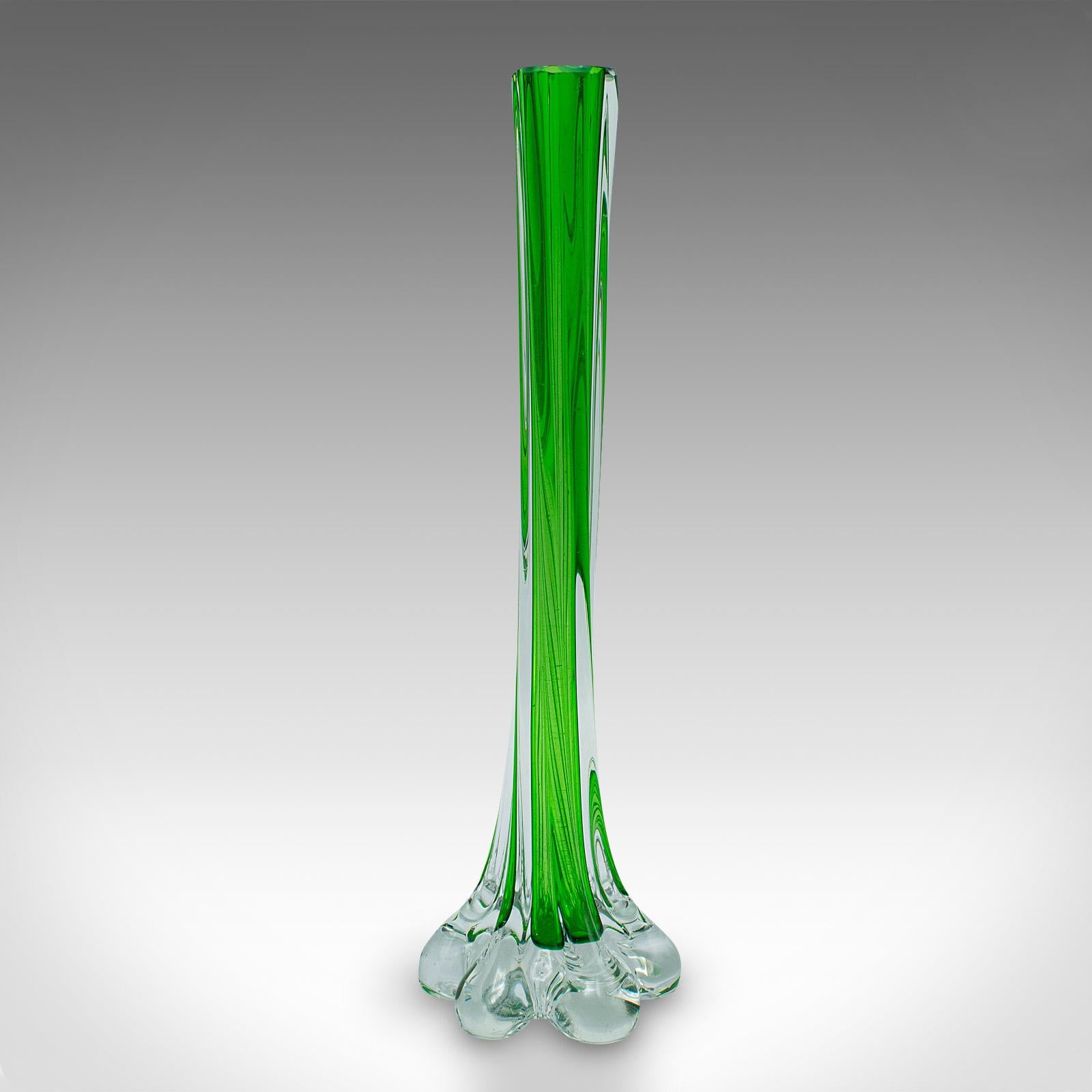 Pair Of Vintage Twist Stem Vases, French, Art Glass, Flower Sleeve, Mid Century For Sale 1