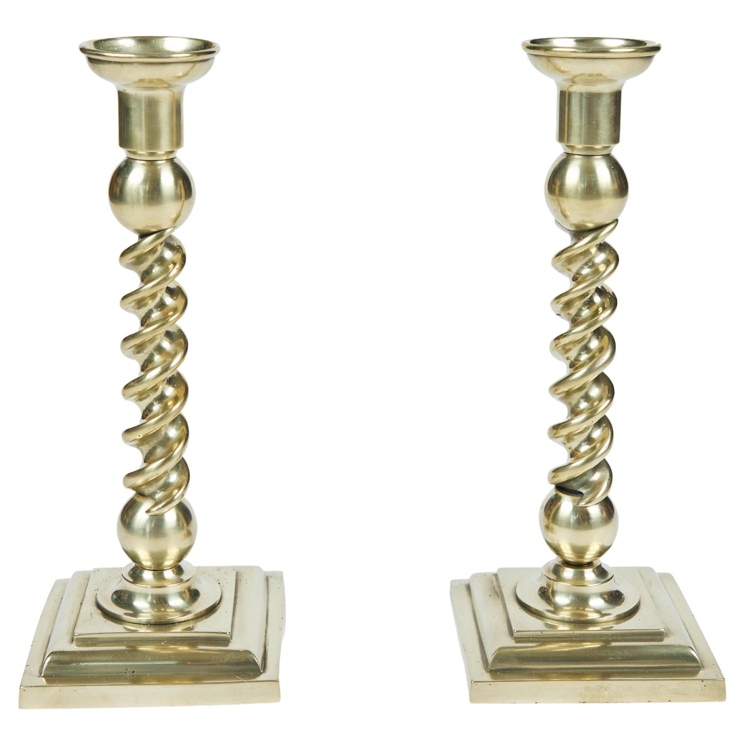 Pair of Indian Vintage Brass Candlesticks with Ivy Motifs and Verde