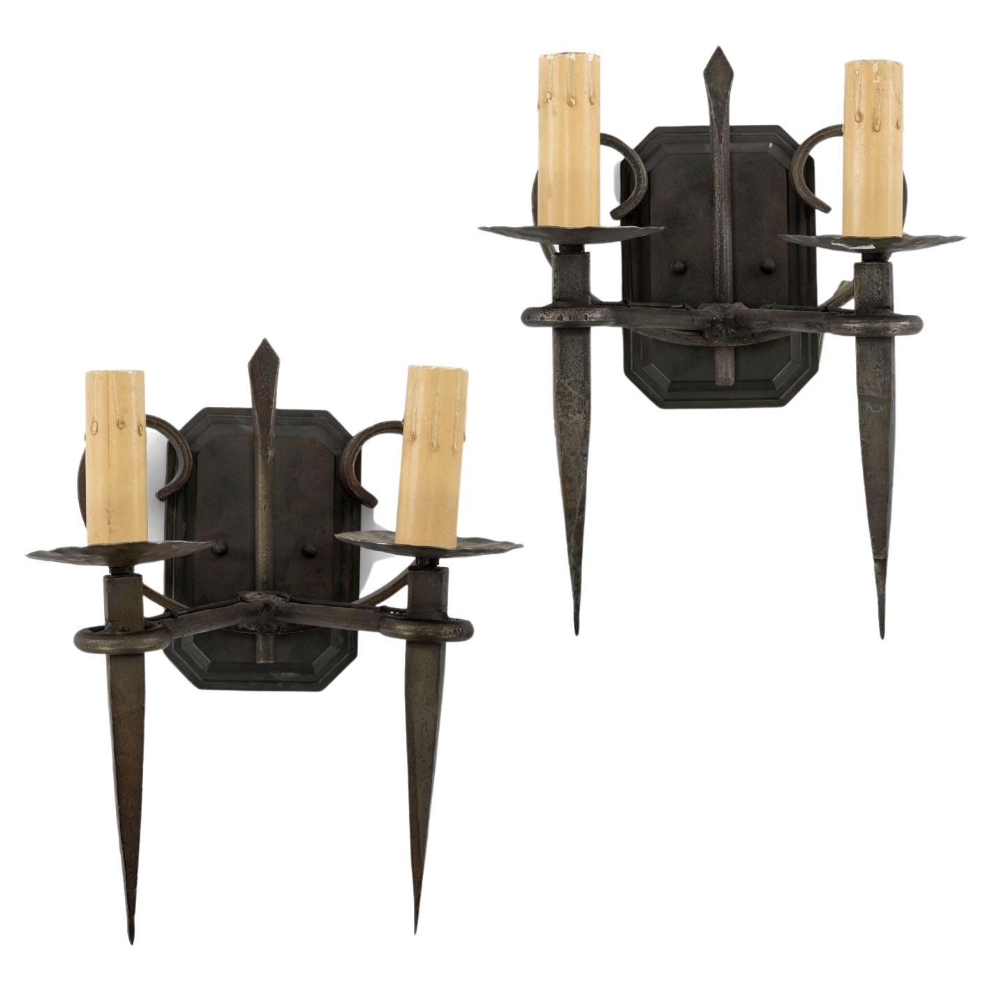 Pair of Vintage Two-Arm Iron Sconces For Sale