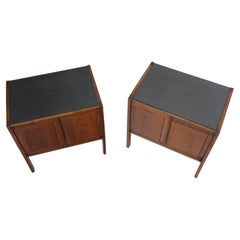 Pair of Vintage Two Doors Compartment Slate Top Nightstands Oiled Walnut Stands
