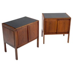 Pair of Vintage Two Doors Compartment Slate Top Nightstands Oiled Walnut Stands