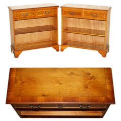 PAIR OF VINTAGE TWO DRAWER BURR YEW WOOD DWARF OPEN LIBRARY BOOKCASES SIDEBOARDs
