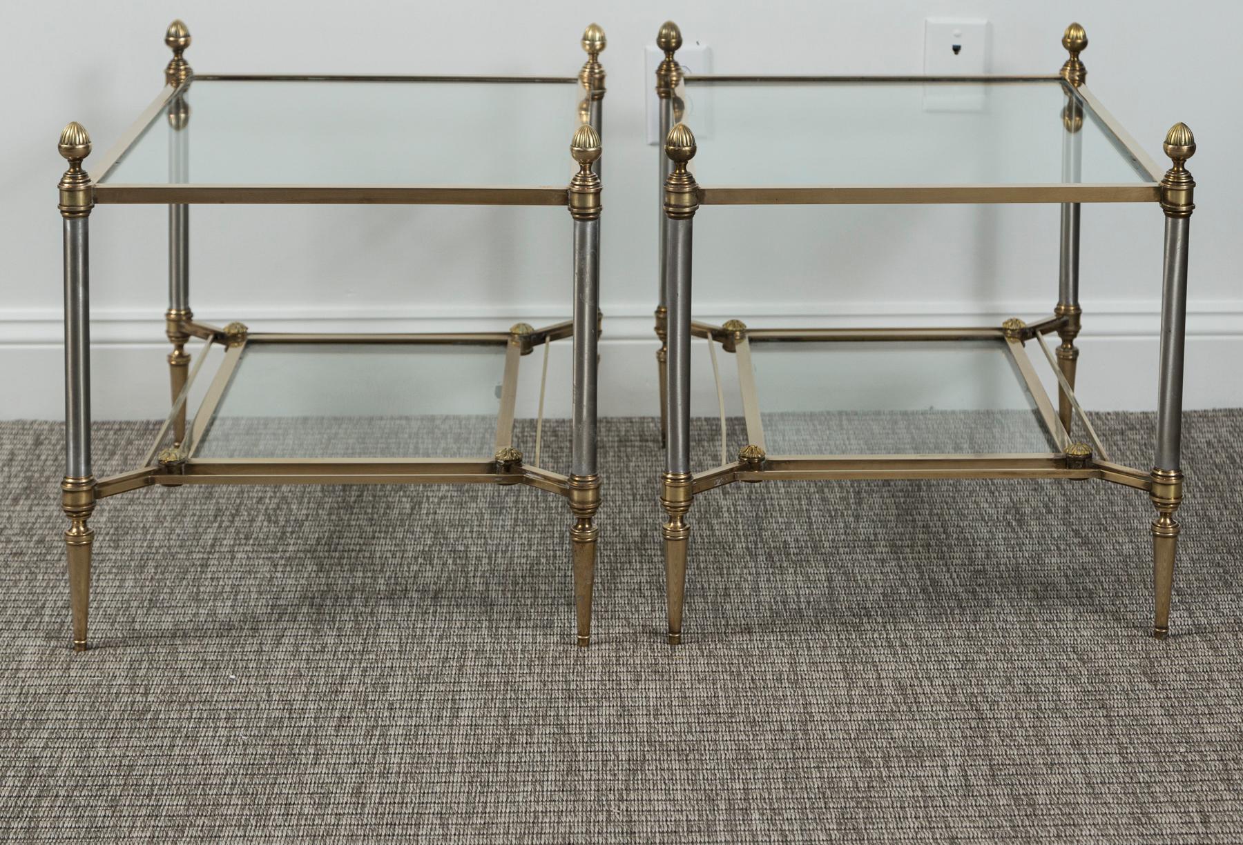 Neoclassical Pair of Vintage Two-Tiered Brass Side Tables by Maison Jansen
