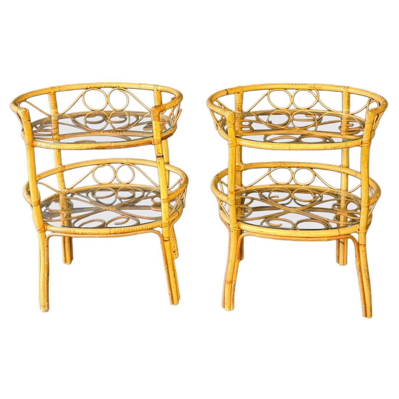 Pair Of Vintage Two-Tiered Mid Century Rattan Side Tables For Sale