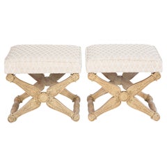 Coppia di panche imbottite d'epoca in legno intagliato Wood Curcule di Baker