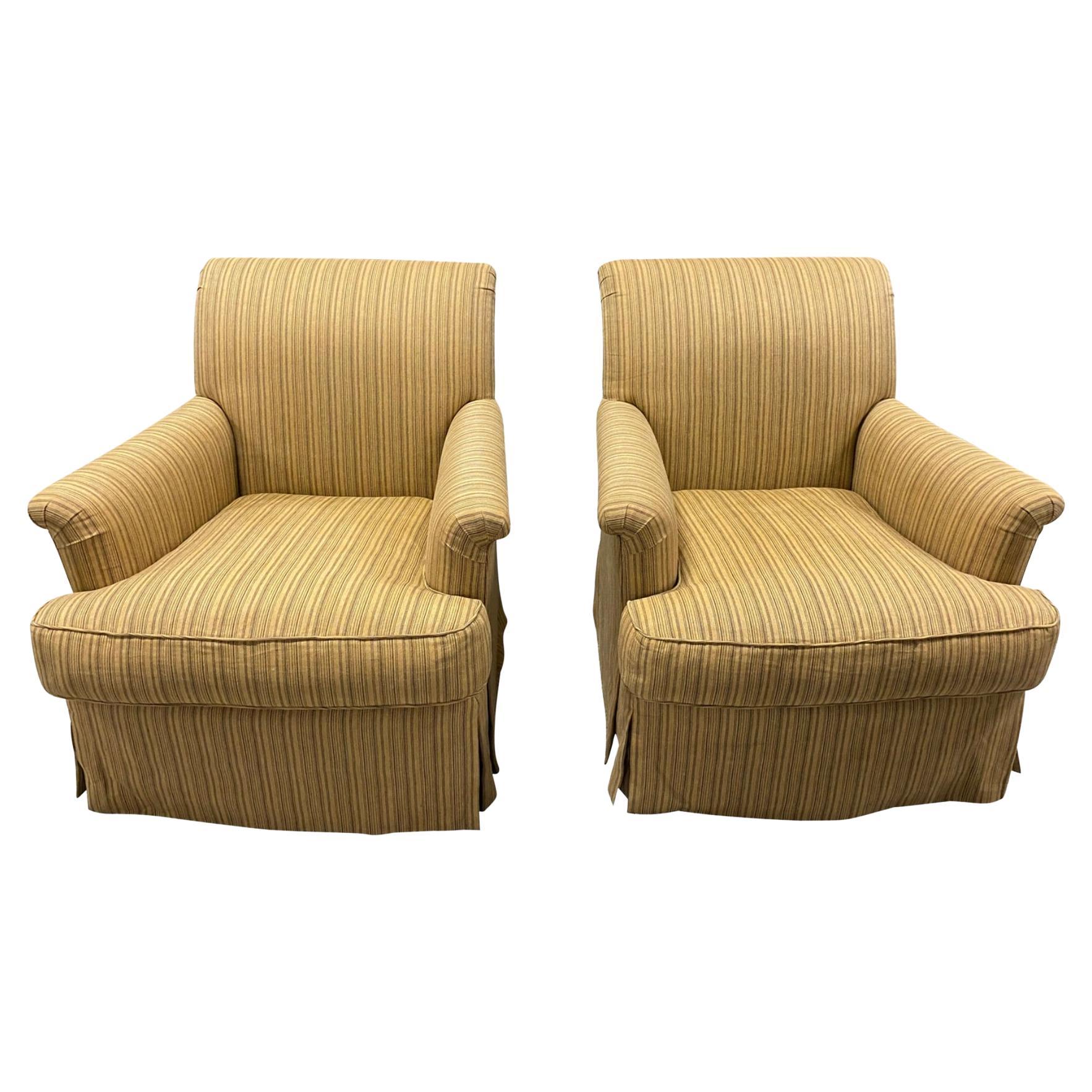 Pair of Vintage Upholstered Club Chairs in Rose Tarlow Striped Fabric 