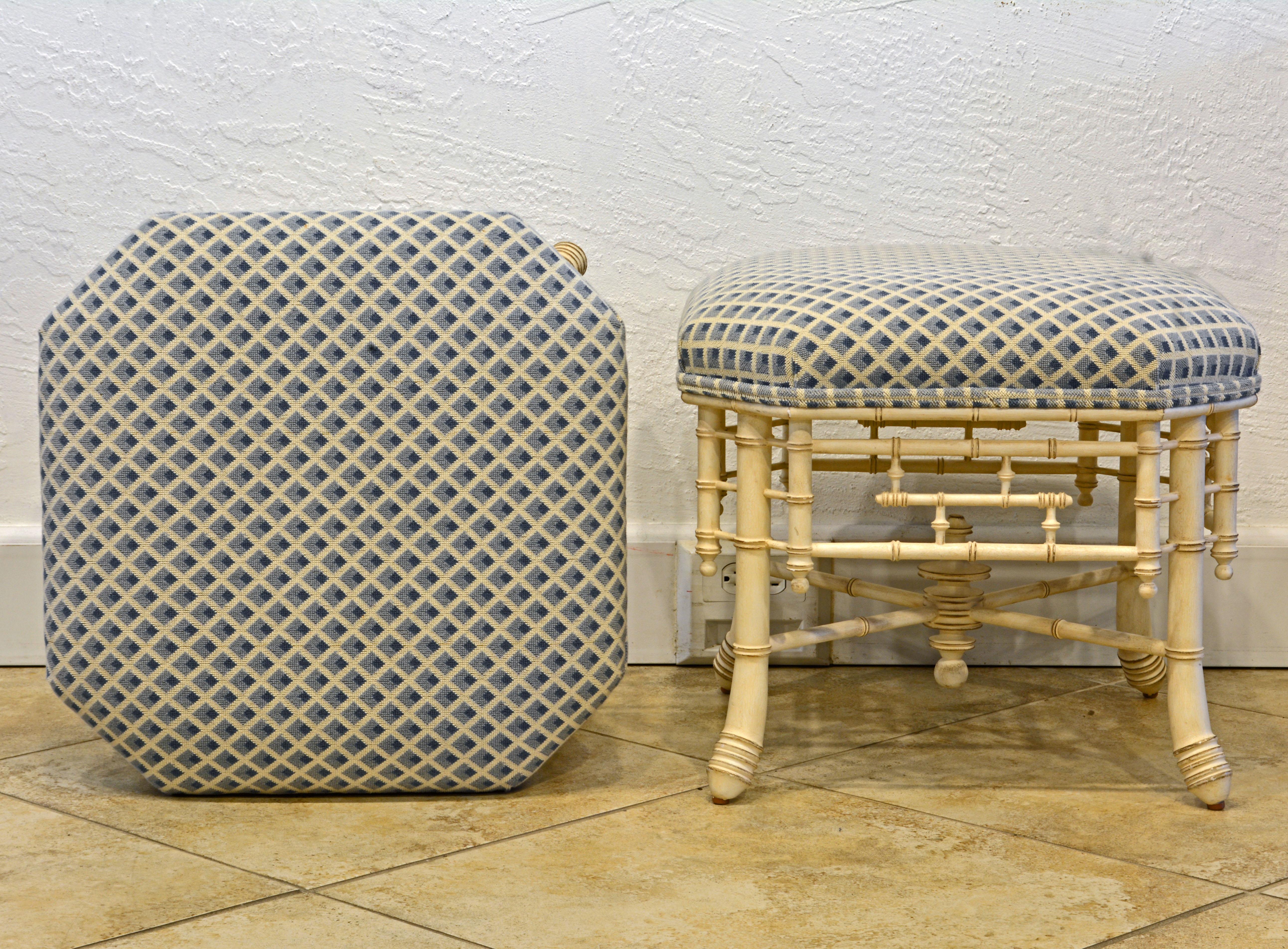 Pair of Vintage Upholstered Faux Bamboo Painted Benches Aesthetic Movement Style In Good Condition In Ft. Lauderdale, FL