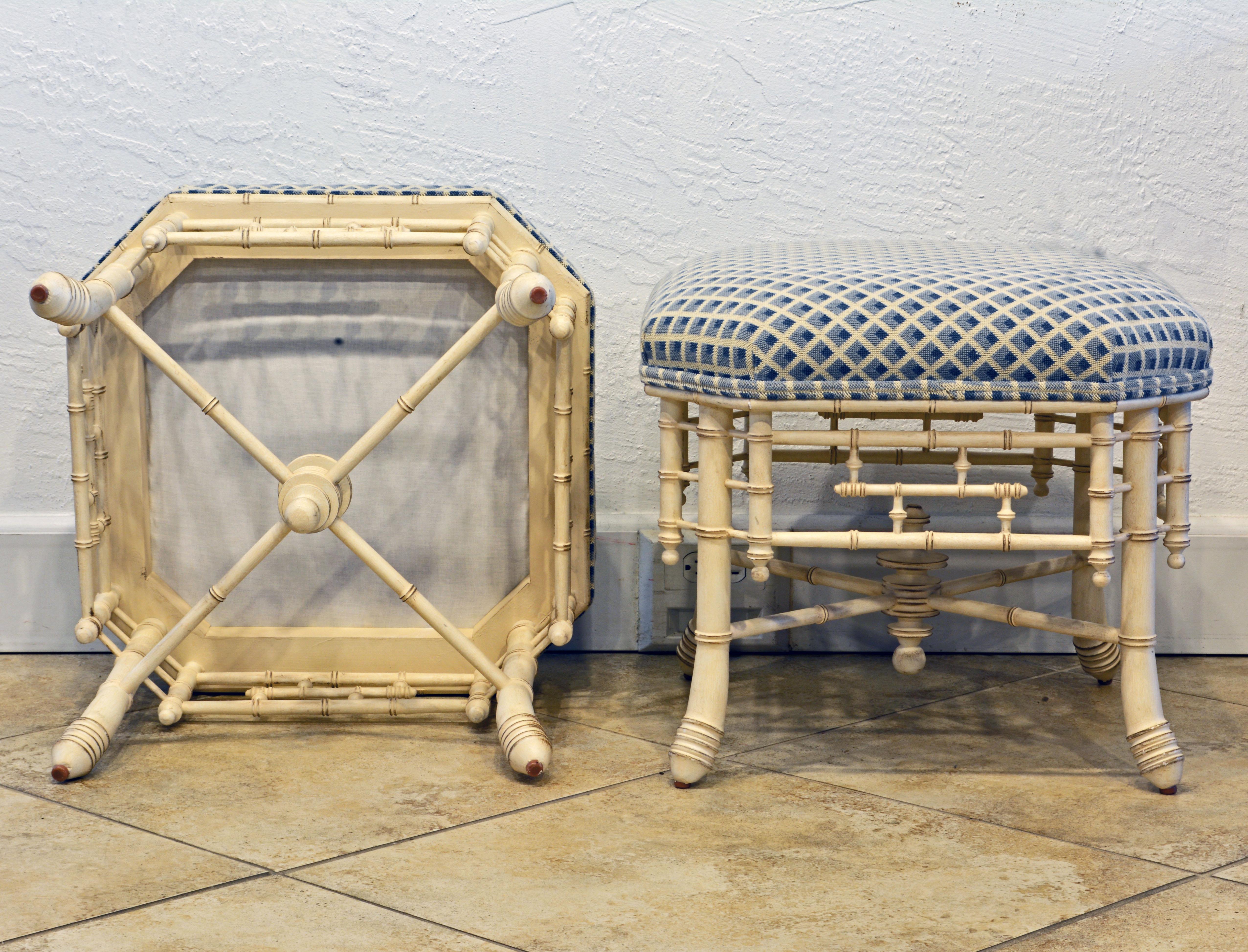 20th Century Pair of Vintage Upholstered Faux Bamboo Painted Benches Aesthetic Movement Style