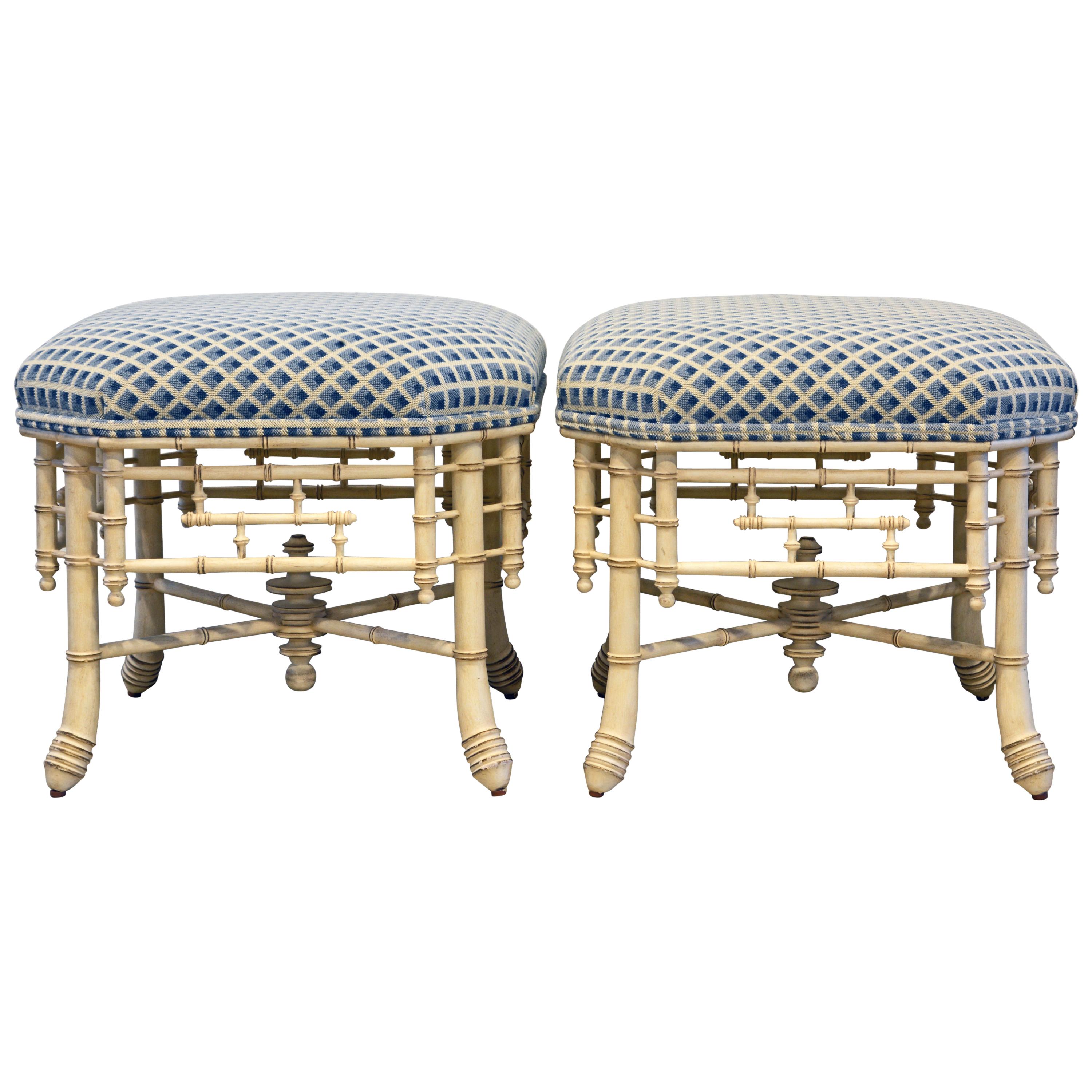 Pair of Vintage Upholstered Faux Bamboo Painted Benches Aesthetic Movement Style